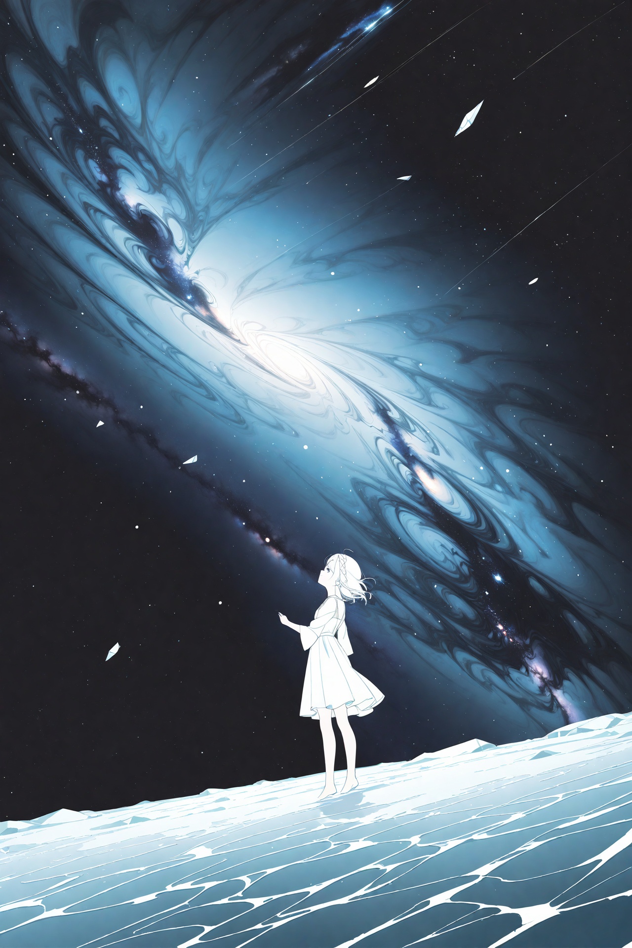 (silver, glimmer)),contrast,phenomenal aesthetic,best quality,sumptuous artwork,(masterpiece),(best quality),(ultra-detailed),(((illustration))),((an extremely delicate and beautiful)),(detailed light),cold theme,broken glass,broken wall,((an array of stars)),((starry sky)),the Milky Way,star,Reflecting the starry water surface,(1girl:1.3),awhite hair,blinking,white dress,closed mouth,constel lation,flat color,white hair,braid,blinking,white robe,barefoot,float,flat color,looking up,standing,medium hair,standing,solo,space,universe,Nebula,many stars,fanxing,