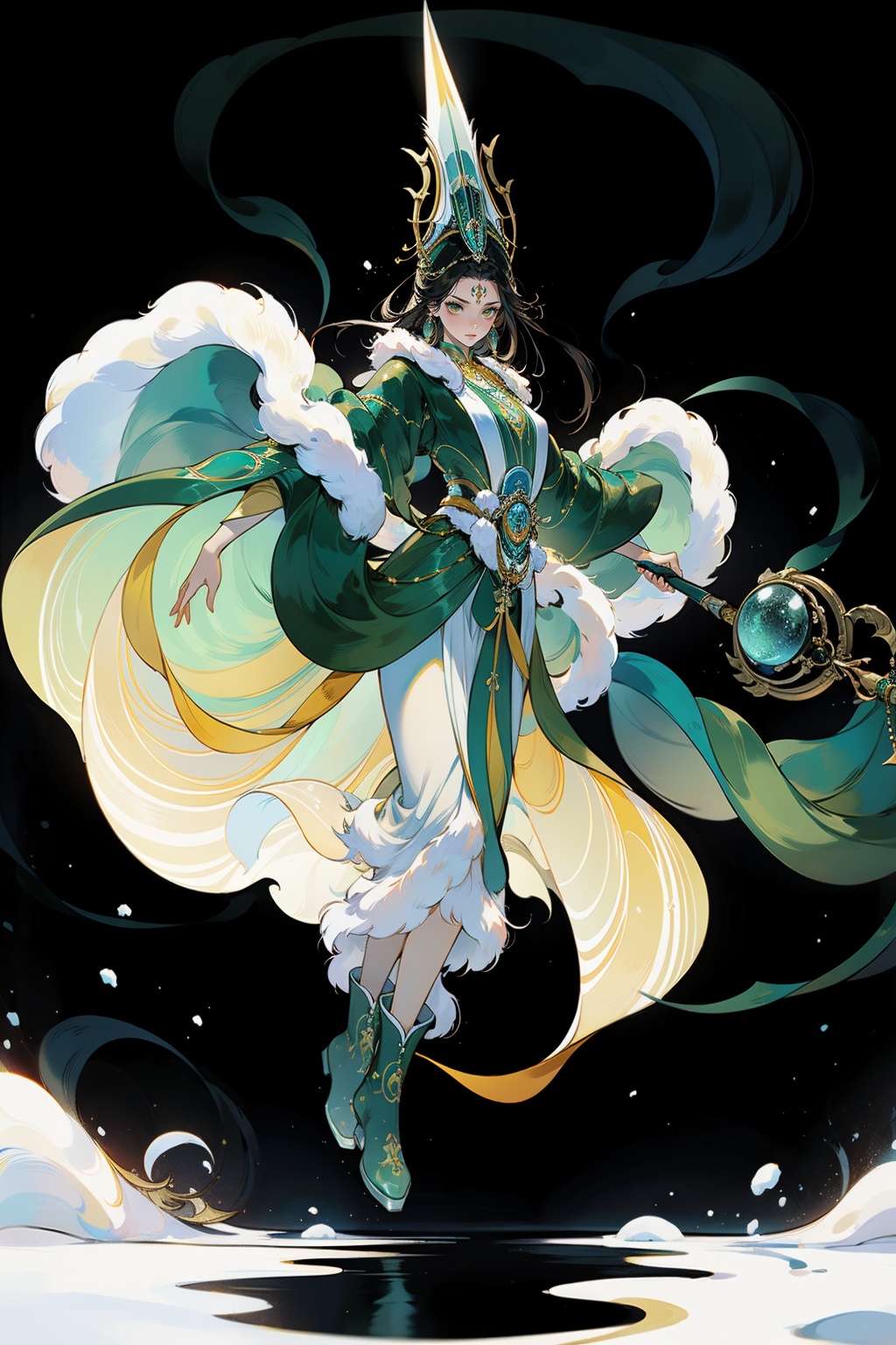 A young female shaman wearing a feather headdress stood on the northern snowy plain. She had a dark skin,long black hair,and bright eyes. She was draped in a fur cloak,with snow boots on her feet,wearing ingots at her waist,and holding a bronze mirror emitting green smoke. She was reciting spells and dancing magic tools,and behind her was the vast snowy land and the rugged scenery of the north. She has a focused expression,skillful movements,and appears sacred and solemn,full body,<lora:GF:0.65>,<lora:lightline_v2.0:0.6>,