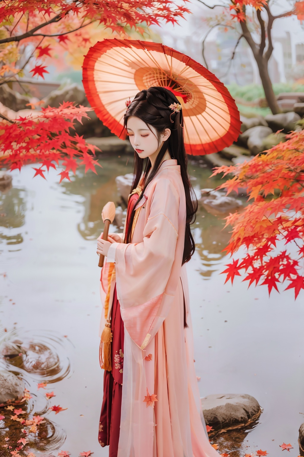 hanfu, maple leaf, 1girl, solo, long hair, black hair, long sleeves, holding, standing, closed eyes, flower, outdoors, tree, umbrella, branch, oil-paper umbrella, leaf,  <lora:guzhuangfengye_v1:0.8>