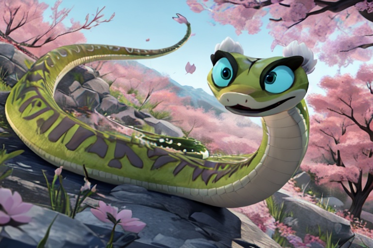 Masterpiece,Best Quality,master viper,snake,grass,full body,feral,solo,headdress,belly,open mouth,perfection detail,extreme detail,cherry blossoms,<lora:master viper-000008:1>,