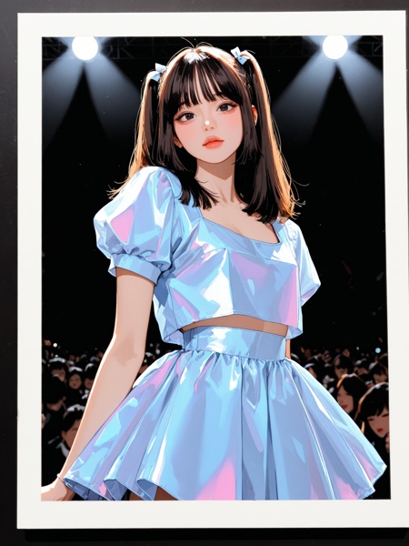 masterpiece, very awa, very aesthetic, newest,best quality, amazing quality, delicate,realistic, retro mood, flat, k-illustration, manhwa, webtoon,polaroid aesthetic, border, pin up girl, stage, stage light, aidoru, balletcore, iridescent croptop, puff short sleeves, tulle tutu skirt,gorgeous girl, mixed beauty, ulzzang face, kpop idol,twintail, short hime cut,looking at viewer