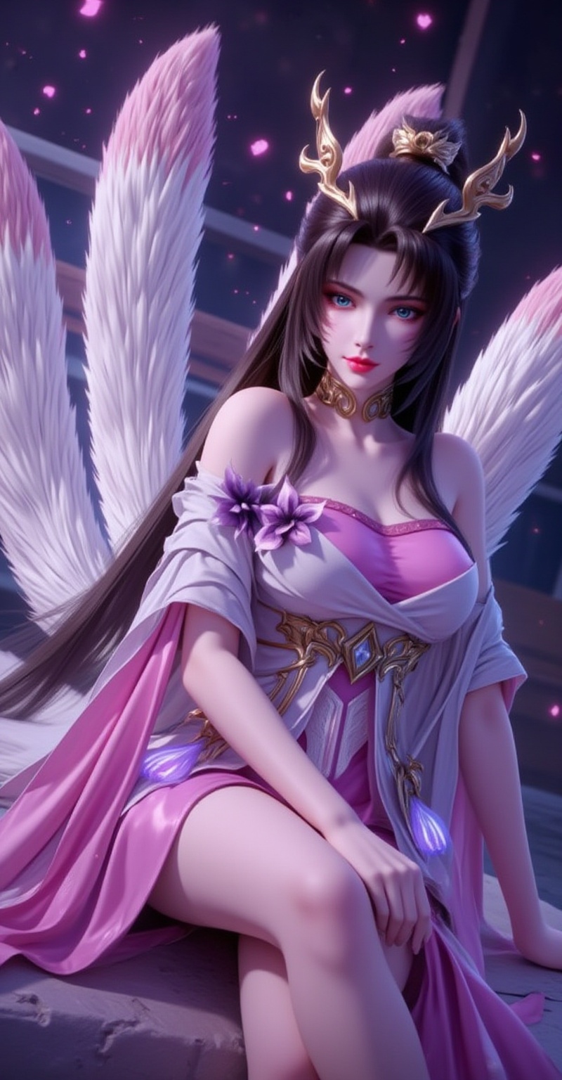 <lora:天狐仙子·优化8:1.1>,tianhuxianzi,long hair,hair ornament,black hair,multiple tails,tail,jewelry,blue eyes,1girl,solo,tail,black hair,multiple tails,fox tail,hair ornament,sitting,dress,facial mark,fox ears,long hair,ahri \(league of legends\),animal ears,bare shoulders,27,cover,gradient background,close-up details,outstanding style,adding a touch of dimension to your images without compromising details,close-up,<lora:DJ滤镜_2.5D版:0.3>,lvjing,<lora:油画唯美滤镜15:0.2>,baoshi,
