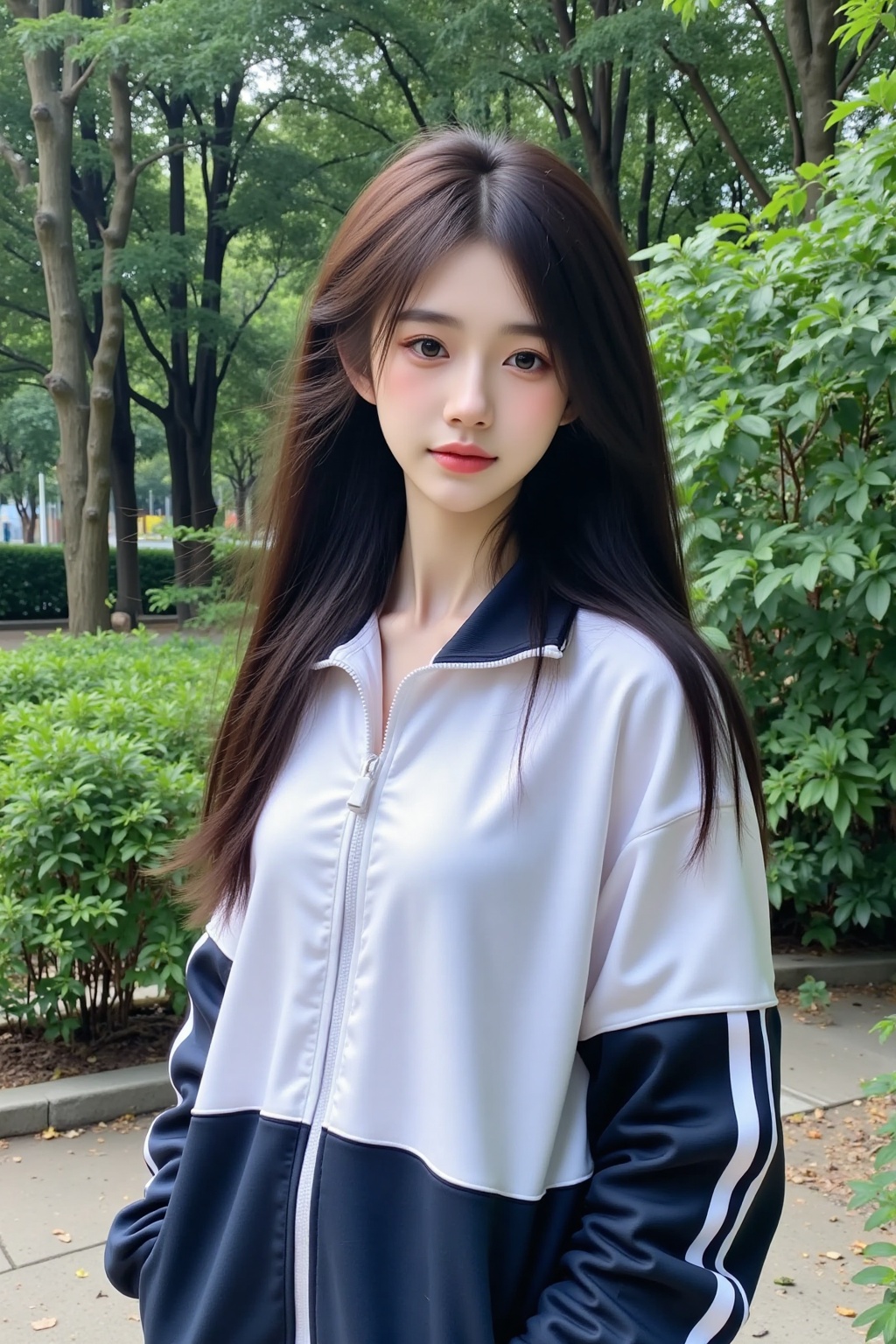 school uniform,beauty,This photo is a high-resolution image of a young Asian woman standing outdoors,possibly in a park or garden. She has fair skin and long,straight black hair tied in a high ponytail. Her eyes are big and expressive,and a hint of makeup enhances her natural features. She was wearing a sportswear consisting of a white and navy blue zip up jacket with white stripes on the sleeves and sides. This jacket is oversized,giving people a casual and relaxing feeling. The background features lush green plants,including tall trees and shrubs,indicating a peaceful and natural environment. The ground is paved with light colored stones,adding a park **** atmosphere. The overall atmosphere of the photo is relaxed and youthful,capturing moments of leisure.,