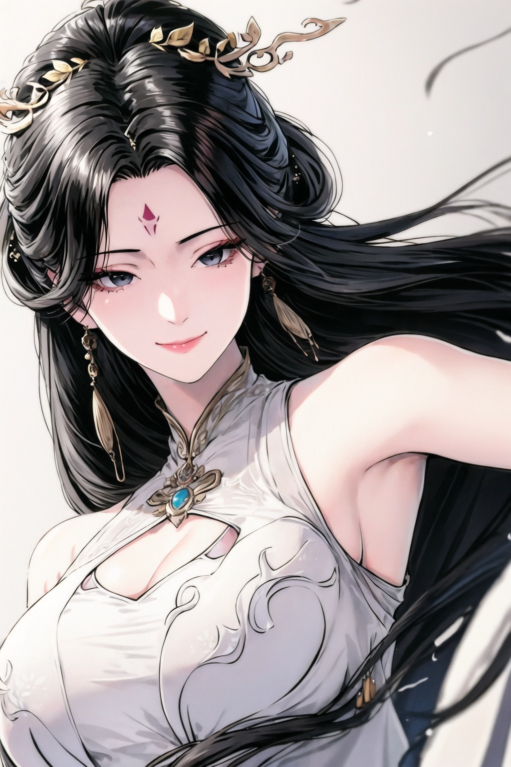 1girl,hair ornament,black hair,forehead mark,long hair,earrings,jewelry,dress,upper body,solo,facial mark,bare shoulders,smile,white dress,breasts,looking down,(tearing_clothes:1.3),<lora:gufeng5:0.8>,