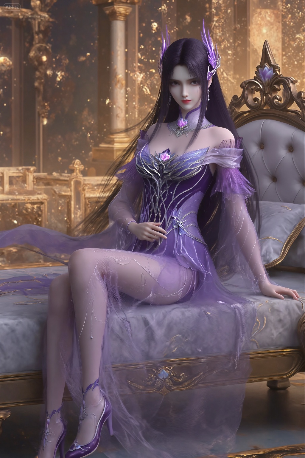A digital artwork of a beautiful,ethereal woman with long,dark hair and pale skin,wearing a flowing,purple,semi-transparent dress adorned with intricate floral patterns and glowing purple accents. a woman's legs in elegant,sheer purple stockings adorned with intricate floral patterns and silver accents,paired with matching high-heeled shoes.,, She reclines on a luxurious bed,positioned centrally in the frame. Her body is angled slightly to the side,with her right arm bent and resting on the bed,while her left arm is gently placed on her waist. Her legs are slightly bent,with one leg resting over the other,exuding an air of relaxed elegance. The scene is enhanced by warm,golden lighting that casts soft shadows across her figure and the ornate bed,highlighting the intricate details of her attire and the luxurious surroundings.,, best quality,astonishing quality,ultimate aesthetics,absurd,best quality,ultimate aesthetics,masterpiece,emotional masterpiece,extraordinary above all,mastery of details,, Negative prompt: ng_deepnegative_v1_75t,(badhandv4:1.2),EasyNegative,(worst quality:2),,nsfw, Steps: 30, Sampler: DPM++ 2M, CFG scale: 3.5, Seed: 889990887, Size: 1024x1536, Model hash: 062dad72b2, Model: 麦橘超然majicFlus_v1.safetensors, Denoising strength: 0, RNG: CPU, Lora 1: 《金芒逸凤》唯美古风主题风格化lora|摄影|海报设计, Lora Hash 1: 779d600c15, Lora Weight 1: 0.7, Lora 2: 极致逼真美感模型, Lora Hash 2: 3ef31b4d84, Lora Weight 2: 1.05, vae_name: automatic