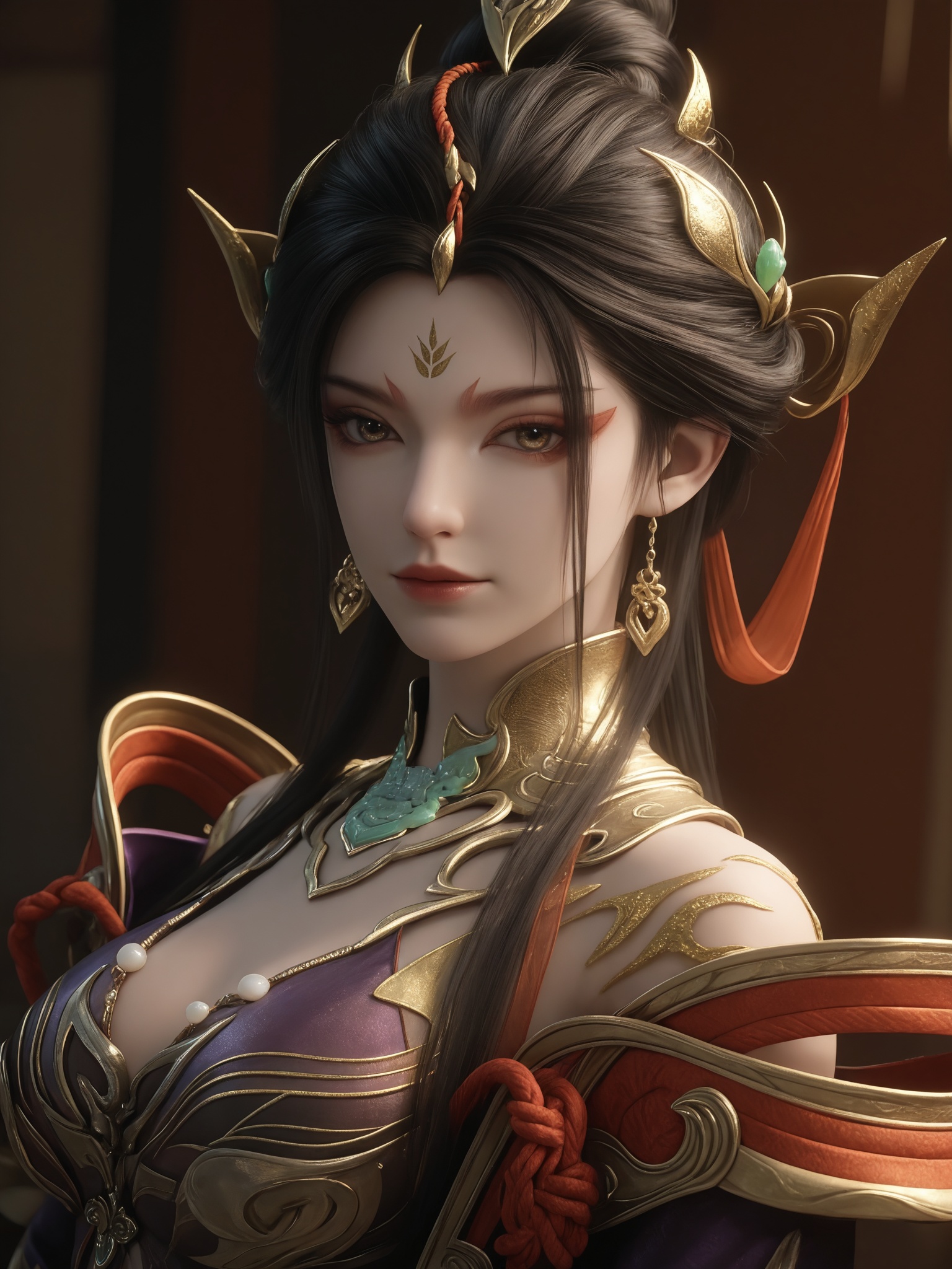 <lora:永劫无间-南宫锦-华锦IL:0.7>,1girl,black hair,long hair,hair bun,hair bun,golden ornaments,braids,high collar,breasts,jewelry,gold,red,and purple dress,clothing cutout,earrings,bracelet,chinese clothes,, Close-up details,realistic style photo outstanding style,Use soft lighting to cast gentle shadows on the subject,adding a touch of dimension to your images without compromising details,score_9,score_8_up,score_7_up,looking at viewer,, score_9,score_8_up,score_7_up,source_anime,night,dark environment,Blend swirling,whirlpool-like patterns of intense and contrasting colors,with spiraling motions and chaotic color interactions,highly detailed,ultra-high resolution,32K UHD,sharp focus,best-quality,masterpiece,Emotionalization,golden hour,unconventional supreme masterpiece,masterful details,temperate atmosphere,with a high-end texture,in the style of fashion photography,magazine cover,Dynamic Angle,Dynamic posture,