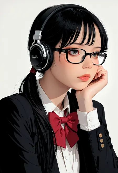 1girl, huge breasts, long hair, black hair, low twintails, black-framed eyewear, long eyelashes, Lipgloss, school uniform, black blazer, white shirt, red bowtie,black headphones, portrait, simple background, head rest, seductive, humming,, ZSA_IL_RL_POS