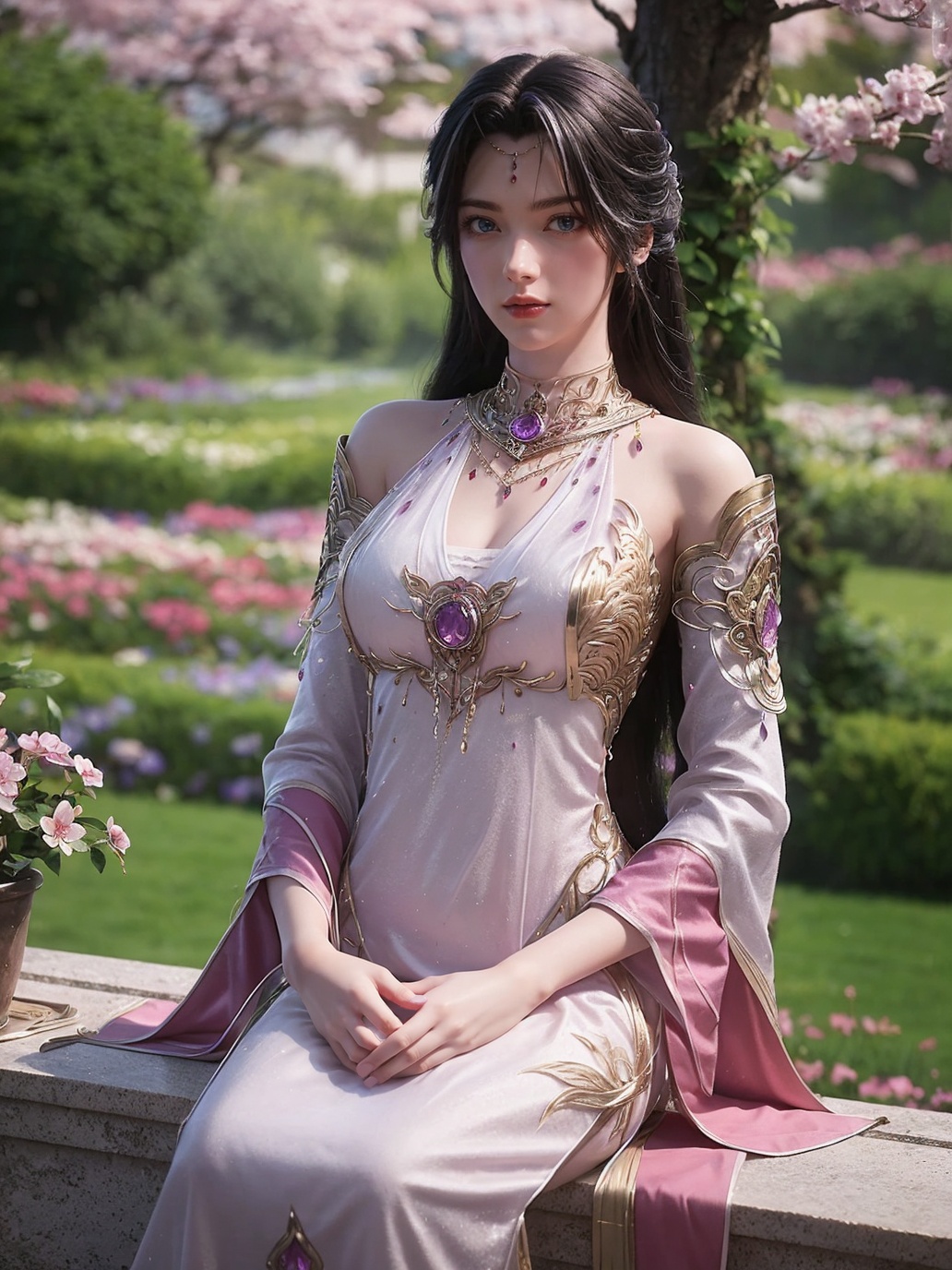 <lora:monvsd1.5:0.85>,monv,(looking at viewer),1girl,solo,jewelry,forehead jewelry,necklace,clothing cutout,detached sleeves,detached collar,collared dress,A fantasy-style indoor scene with a window framing a pink-hued sky dotted with clouds,delicate vines creeping along the walls,a vibrant pink potted plant in the foreground,and a gentle cascade of cherry blossom petals (weight:1.3) floating through the air,all set against a softly blurred natural background that creates dreamy atmosphere,