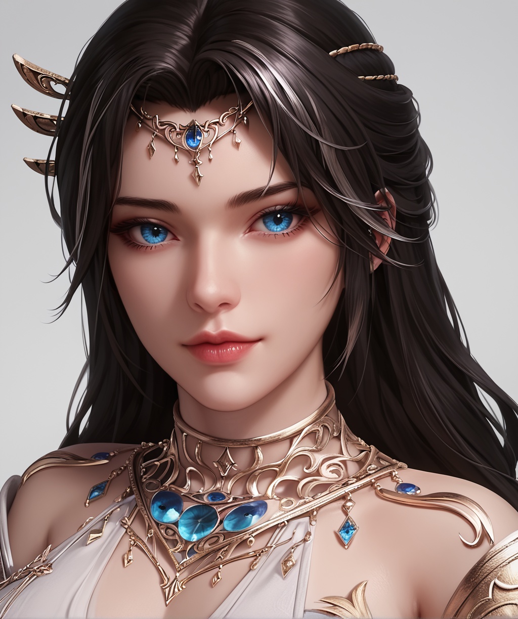 score_9,score_8_up,score_7_up,source_realistic,rating_safe,<lora:monv-000008:0.9>,monv,upper body,(looking at viewer),1girl,solo,blue eyes,forehead jewelry,jewelry,hair ornament,necklace,clothing cutout,detached sleeves,detached collar,collared dress,grey background,