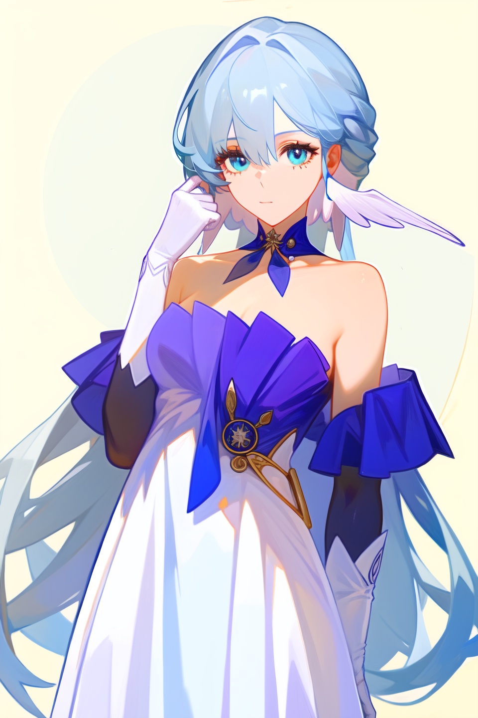 1girl,robin,head wings,strapless dress,white gloves,white dress,purple dress,collarbone,<lora:知更鸟v15:1:lbw=char>,blue hair,<lora:nai3画风bysdlion-000035:1:lbw=paint>,, (masterpiece,best quality,high quality:1.4),absurdres,