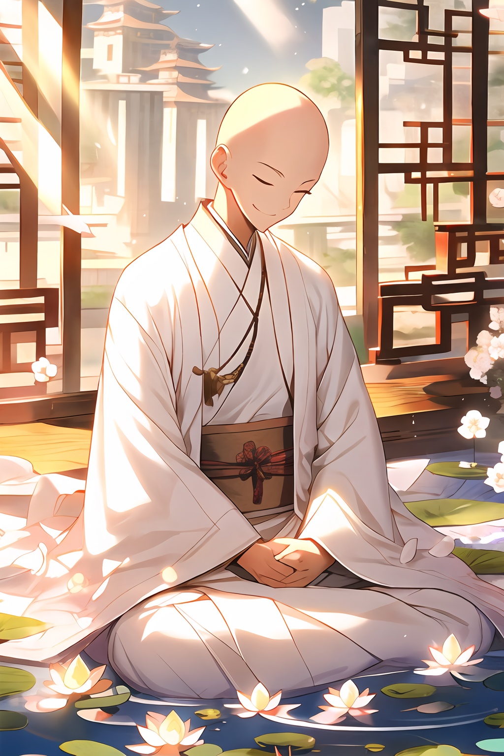 monk, lotus, prayer beads, solo, 1boy, flower, smile, closed eyes, facing viewer, long sleeves, wide sleeves, water, bald, robe, full body, tassel, closed mouth, sunlight, white flower, architecture, ripples, light particles, necklace, pink flower, light rays, white robe, day, leaf, floral print, chinese clothes, depth of field, lens flare, backlighting, sit cross-legged, put your hands together, put your hands on your chest, highlights on the top of the head, light particle, circular Pattern Background, foreground blurring, chinese monk's white kasaya clothes,  <lora:016:1>