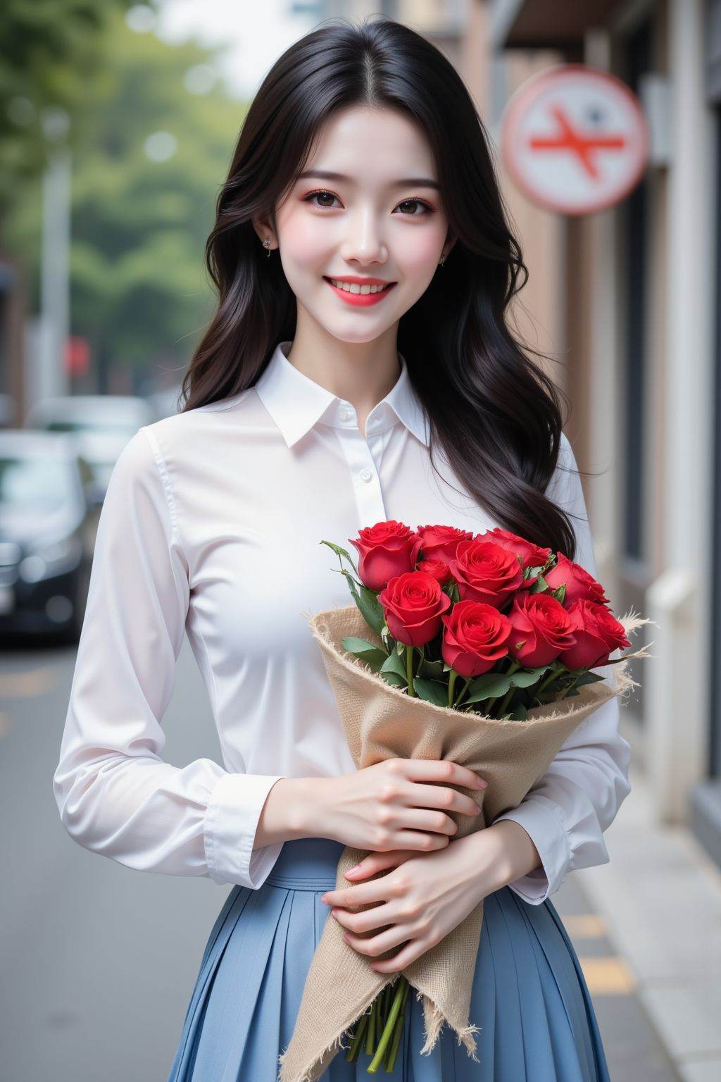 A photograph of a young Asian woman with fair skin and long, wavy black hair. She is wearing a white long-sleeved button-down shirt and blue pleated skirt. She holds a bouquet of vibrant red rose wrapped in a beige burlap cloth with frayed edges. The background in street, The woman's expression is smirk,