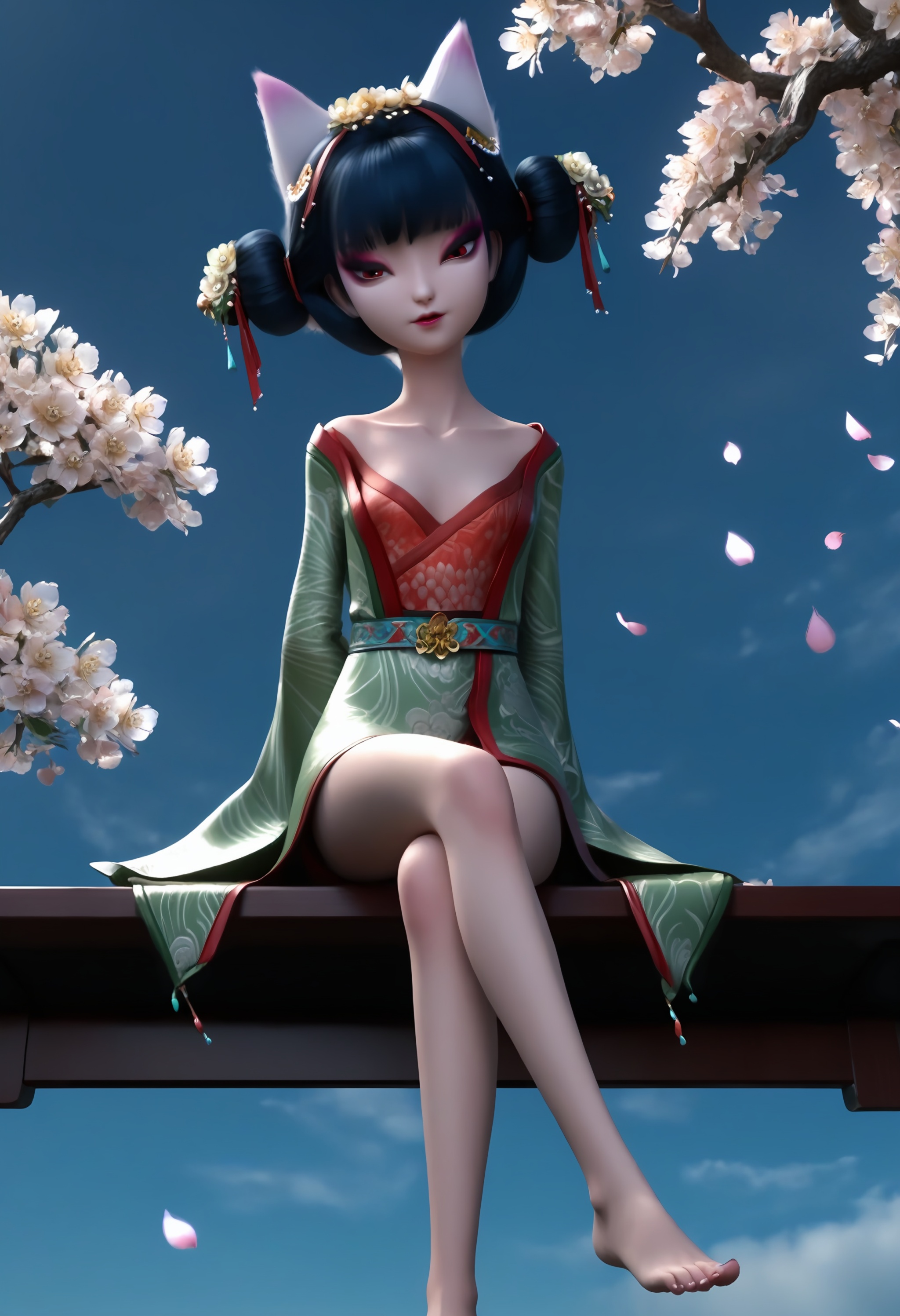(score_9),<lora:宝青坊-Apony:0.85>,fangzhu,solo,1girl,hair ornament,hair flower,hair bun,tassel hair ornament,bangs,black hair,chinese clothes,fox ears,wide sleeves,barefoot,belt,arms behind back,glamor,collarbone,puffy breasts,sitting,crossed legs,barefoot,branch,twig,falling petals,in spring,gradient_sky,OverallDetail,fair_skin,(white_skin),(Ivory_skin),<lora:detailed_notrigger:1>,<lora:perfect-eyes:0.8>,<lora:a修手:0.3>,<lora:e色温:0.5>,<lora:e肤色滑块:0.5>,<lora:SDS-XL泛光调节器_v1.0:0.1>,