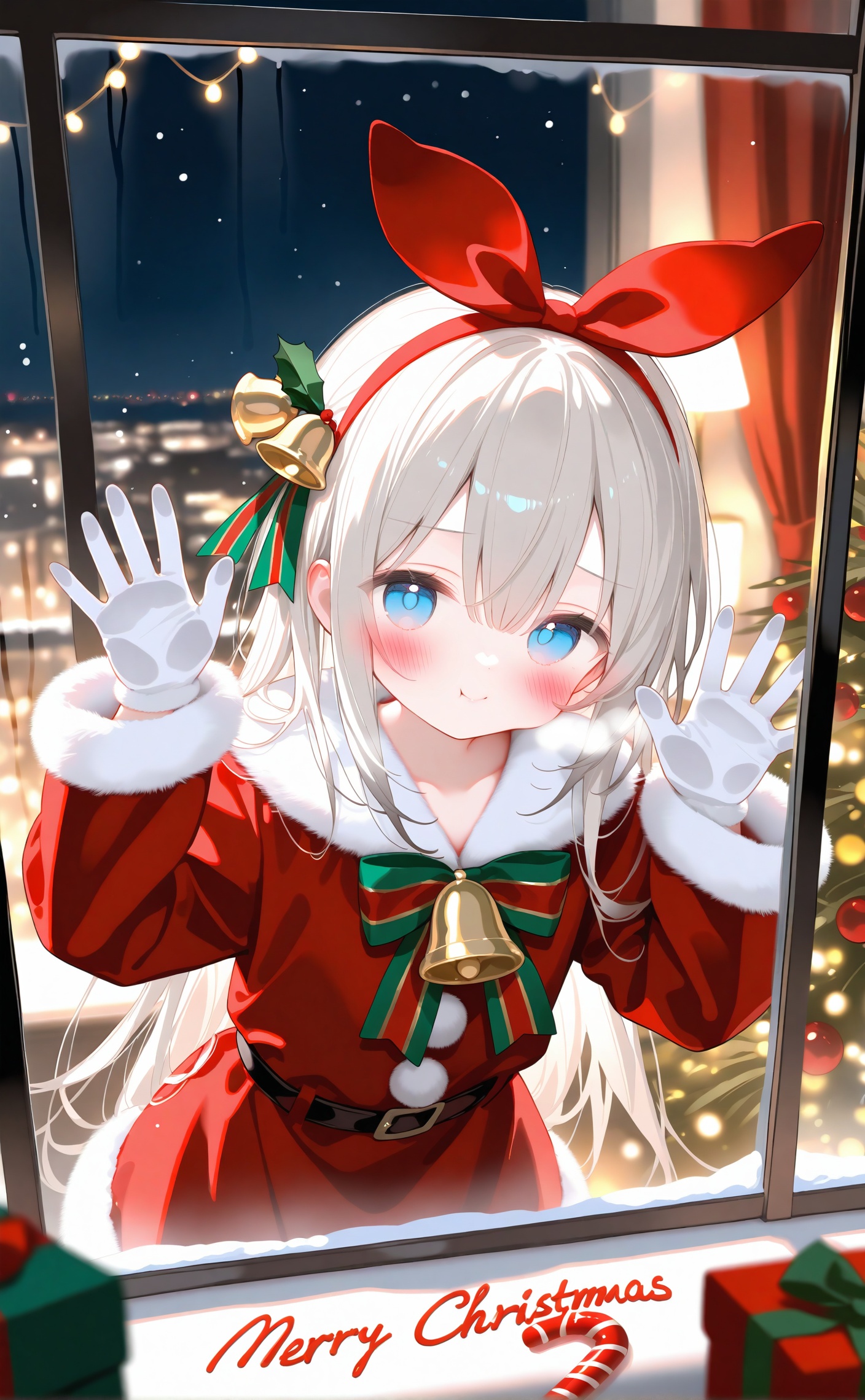 masterpiece,very aware,highres,absurdres,newest,best quality,loli,petite,high quality,chromatic_aberration,//merry christmas, 1girl, christmas, long hair, christmas tree, window, blue eyes, solo, bell, gift, looking at viewer, lamp, hairband, night, box, indoors, ribbon, christmas present, blush, red hairband, santa costume, christmas ornaments, gift box, blurry, long sleeves, fur trim, blurry background, closed mouth, grey hair, upper body, hair between eyes, against glass, arms up, smile, red coat, green ribbon, red ribbon, cheek press, christmas lights, night sky, breath, green bowtie, collarbone, dress, hands up, fur-trimmed sleeves, neck ribbon, english text, depth of field, green bow, :t, red dress, sidelocks, desk lamp, neck bell, sky, fur-trimmed jacket, city lights, hair ribbon, red headband, against fourth wall, jingle bell, white hair, curtains, blonde hair, bow, bowtie, condensation, winter, pout, candy cane, santa dress, hand on glass, headband, striped ribbon, coat, gloves, red jacket, hair bell, bright pupils, fur-trimmed coat, city, snow, jacket, leaning forward, lamppost, wreath