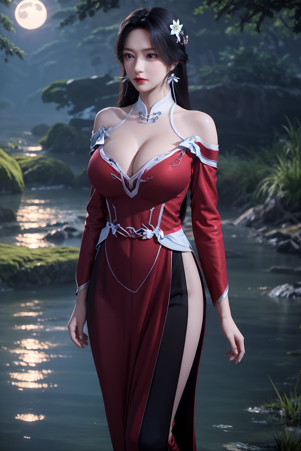 standing,dress,chinese clothes,flower,full_moon,moon,night,lily_pad,lotus,moonlight,nipples,water,night_sky,lily_\(flower\),sky,partially_submerged,1girl,solo,hair ornament,realistic,nail polish,photo_\(medium\),(big breasts, cleavage),makeup,(8k, RAW photo, best quality, masterpiece:1.2),(realistic, photorealistic:1.3),ultra-detailed,extremely detailed cg 8k wallpaper,(crystalstexture skin:1.2),extremely delicate and beautiful,(sexy pose:1.2),chinese dress,