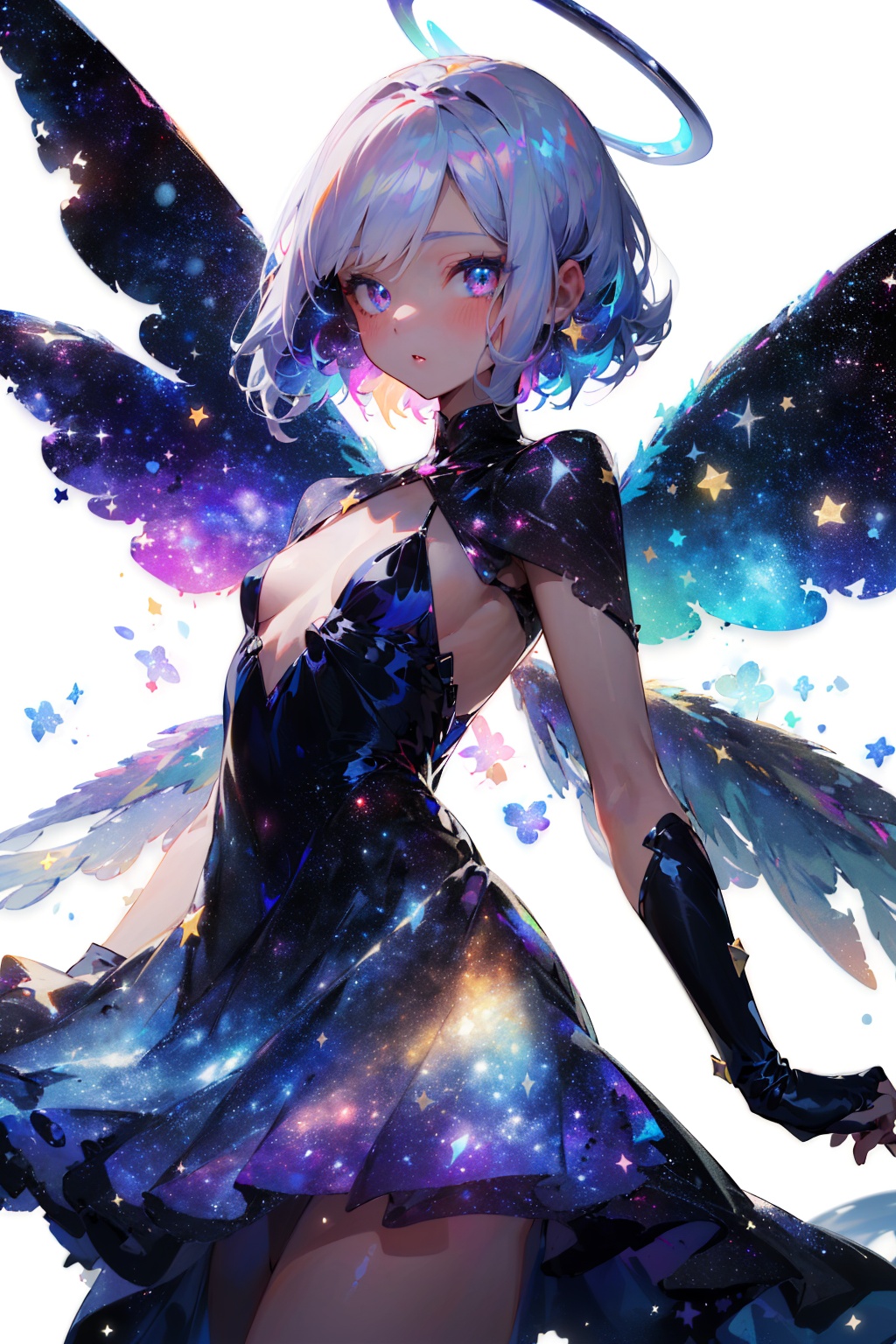 ((solo)),((cowboy shot)),(((a beautiful girl))),((small_breasts)),((looking at viewer)),(galaxy adorns colorful wings),(((starry_wings,galaxy_wings):1.3)),(galaxy adorns colorful dress:1.3),(Glowing halo),(beautiful eyes),white hair,((white background:1.4)),((standding)),