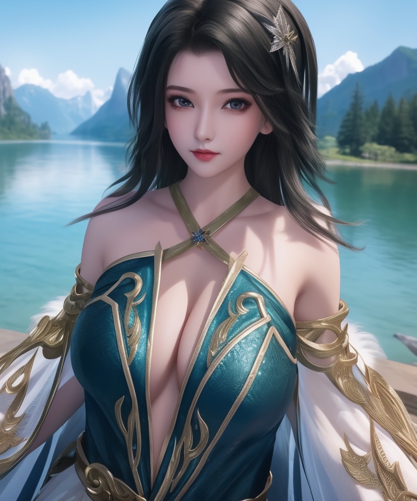 <lora:542-DA-万界至尊-青雉:0.8>(,1girl, ,best quality, ),looking at viewer,  ,ultra detailed 8k cg, ultra detailed background,  ,masterpiece, (( , )) , lake,upper body,   (cleavage), (),