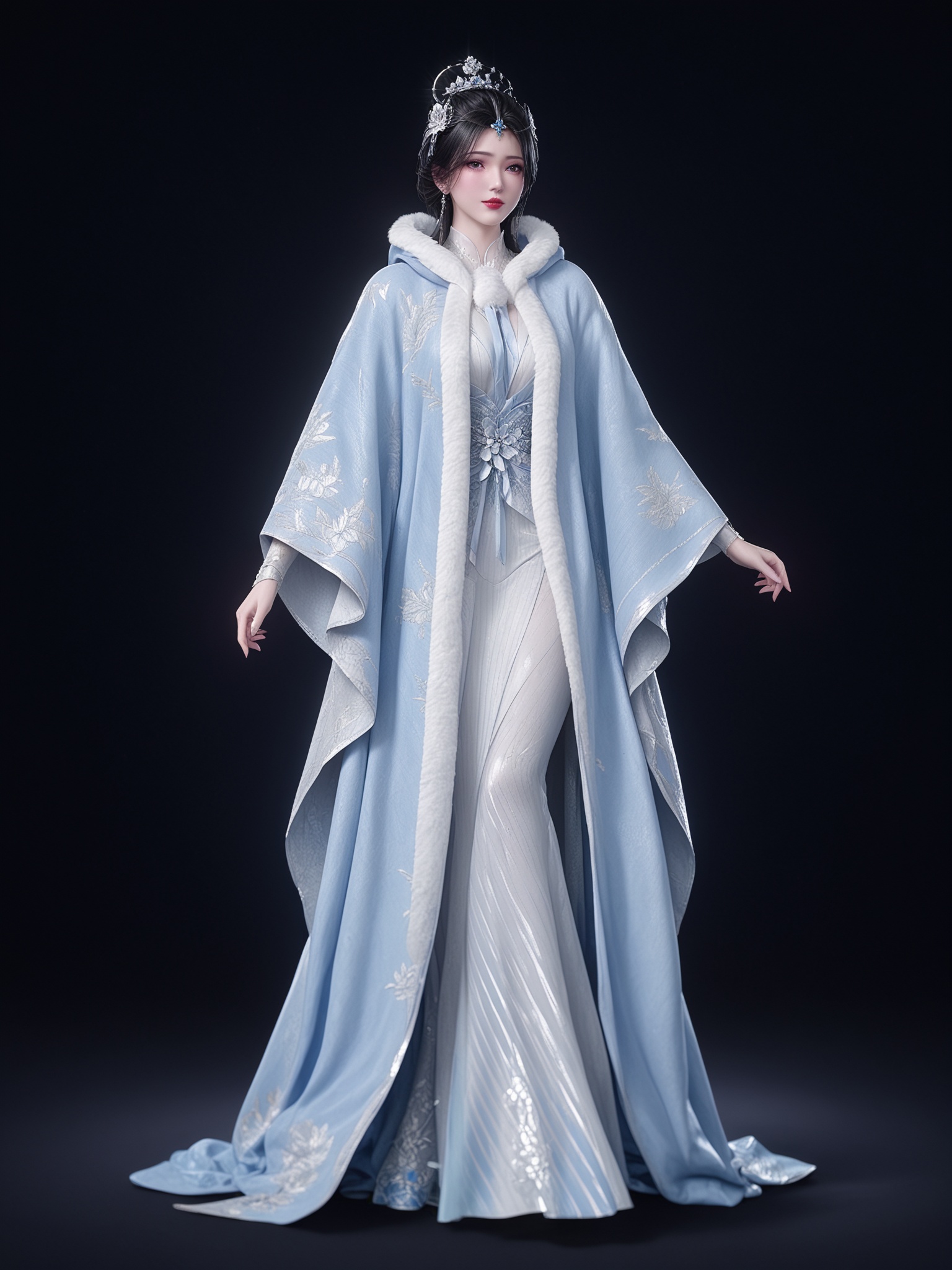 (full body:1.1),<lora:仙逆-李慕婉长袍pony-v1.2:0.6>,dark hair is adorned with an intricate,silver hairpiece,wears a light blue,ornate robe with white fur trim,featuring intricate,embroidered floral patterns on the chest and sleeves,BREAK intricate details,shiny_skin,solo focus,perfect_anatomy,(score_9:1.3),(simple background:-1),(blurry:-1.2),(masterpiece:1.3),(best quality:1.3),(simple background,pure black background,black background:1.1),