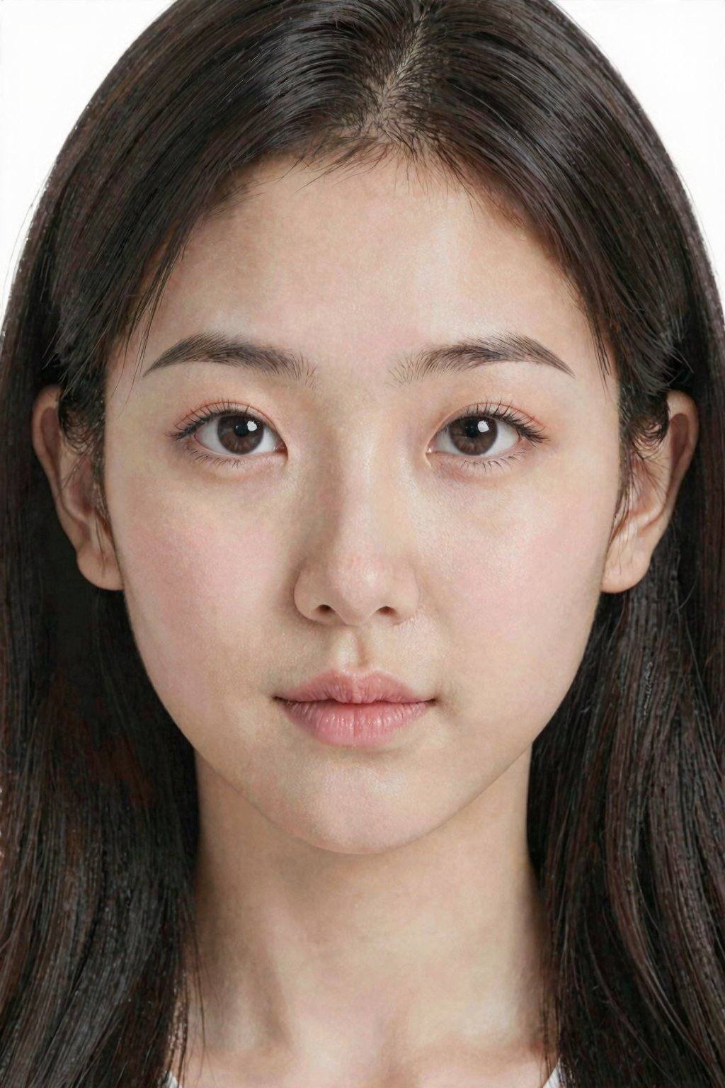 This is a photograph of a young East Asian woman with long, straight black hair framing her face. She has fair skin with a smooth complexion, and her makeup is subtle, highlighting her natural beauty. Her eyes are almond-shaped with dark, well-groomed eyebrows and long, black eyelashes. Her lips are full and slightly parted, showing a natural pink hue. The background is plain white, making her facial features stand out prominently. The lighting is soft, enhancing her clear skin and giving a gentle glow to her complexion.