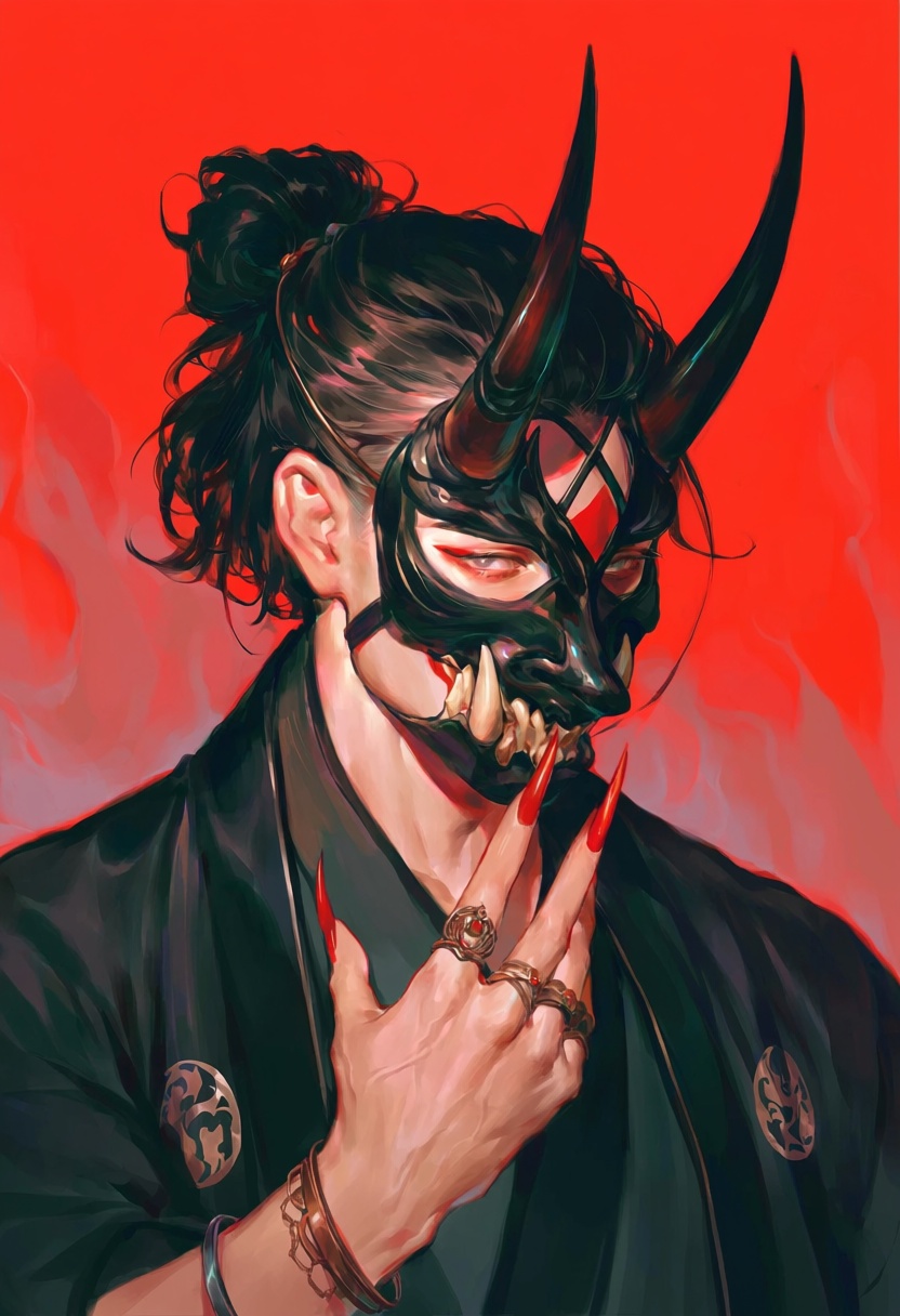 mask,  black_hair,  horns on Tensor.Art