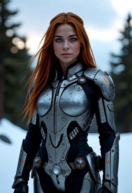 vikingpunk style  mature  resilient female (XX) mexican, caramel skin, hazel eyes, character, Lean build, extra long straight down ginger hair, ,, wearing a steel gray mechanized cyberpunk exosuit, thunderhide boots, hydraulic exosuit, set in  the imposing asgardian-palace, a gleaming structure of polished metal and rune-etched crystal, rising above the vikingpunk metropolis, seat of power and symbol of ambition. a hidden path through a snow-covered-forest, leading to a secluded cabin or a forgotten shrine, shrouded in mystery and whispering secrets to the wind. , at dusk,,   <lora:flux_trainer/moxiePunk_v4D>