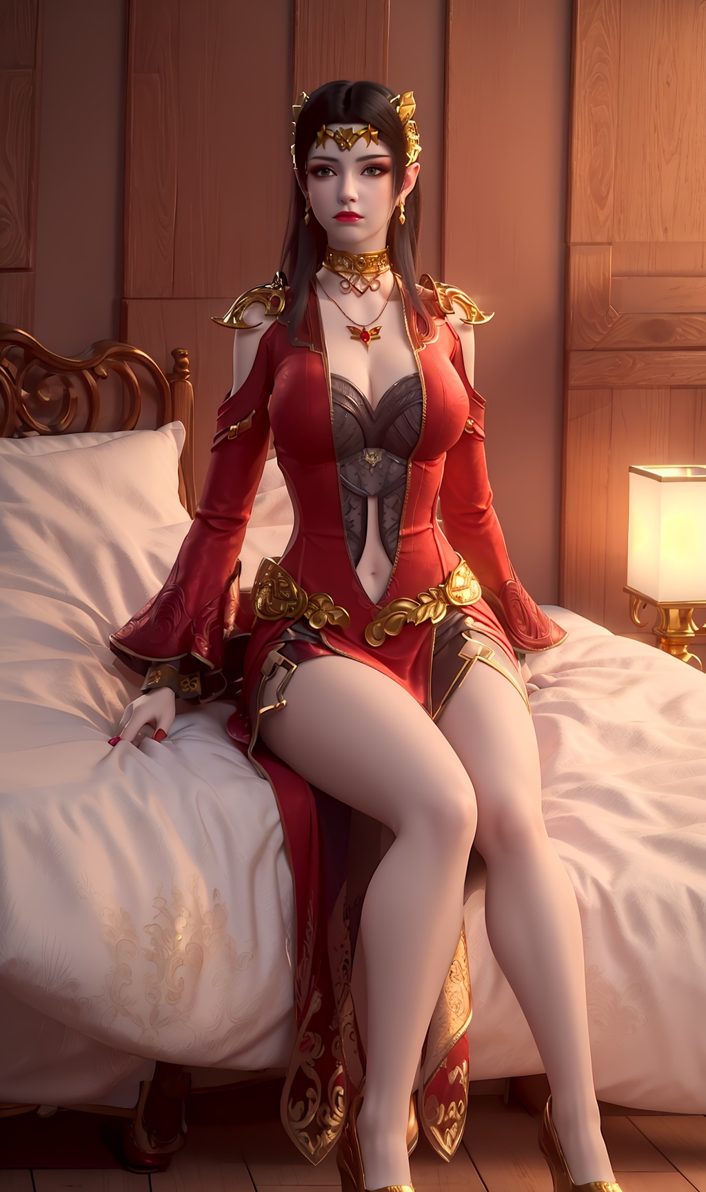 3D,masterpiece,(best quality),(makeup),official art, extremely detailed cg 8k wallpaper,((crystalstexture skin)), (extremely delicate and beautiful),(highly detailed),(face),headpiece,(collar),(tiara),(gold_trim),(shoulder_armor),(long_sleeves),(1girl), (solo), (jewelry), (earrings),(black_hair),(long_hair),(hair_ornament),(handwear),(breasts),((sitting)),((full_body,whole_body)),(dress),(short_skirt),(multicolored_clothes),(multicolored_dress),(shiny_clothes),(city,indoor,bed),((long_legs)),(sash),(navel),,((looking_at_viewer)),((Facing the camera)),(Red_inlaid_with_gold_shoes),, <lora:hipoly3DModelLora_v10:0.3>