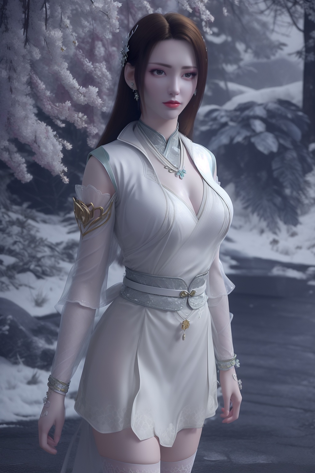 photo_\(medium\),(8k, RAW photo, best_quality),(masterpiece:1.2),(realistic:1.2),(photorealistic:1.3),(ultra-detailed),(extremely_detailed_cg_8k_wallpaper),(crystal_texture_skin:1.3),(shiny:1.2),(shiny_skin:1.4),(extremely_delicate_and_beautiful),petals,flower,sky,cherry blossoms,falling petals,shenfengNaLanYanRan,1girl,solo,dress,torogao,red lips,breasts,chinese clothes,large breasts,detached sleeves,standing,jewelry,hair ornament,earring,necklace,realistic,looking at viewer,<lora:shenfengNaLanYanRan_20240712003050-000004:0.7>,