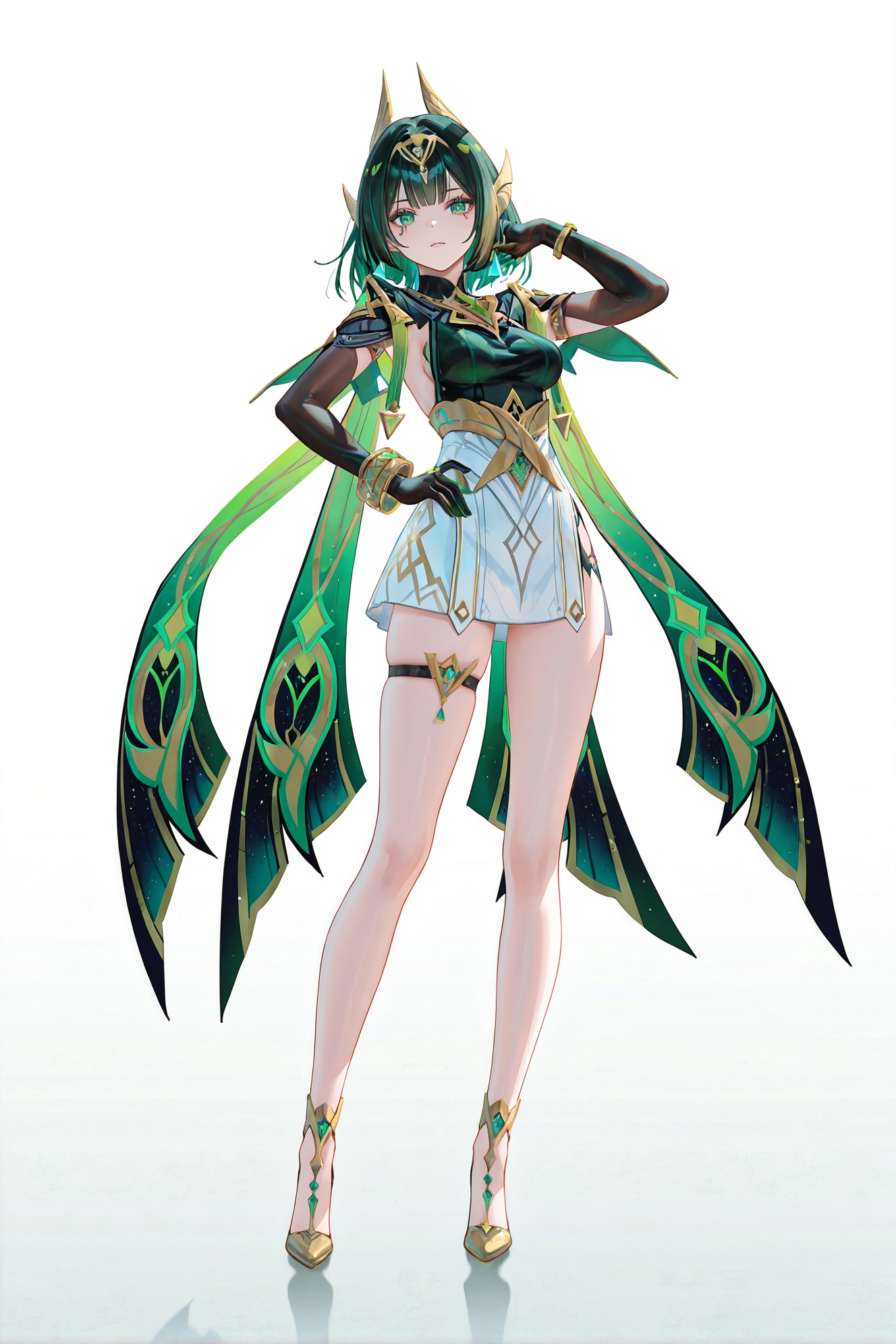 8k,best quality,masterpiece,(ultra-detailed),(high detailed skin),((artist:reoen),(artist:fuzichoco),(artist:atdan),(artist:torino_aqua),year 2024:0.8)1girl,[artist:wlop],[artist:ningen_mame],artist:ciloranko,[[artist:rhasta]],artist:tidsean,colorful,full body,full shot,standing,(solo:1.2),simple background,(white background:1.2),own hip,(white background:1.1),looking at viewer,<lora:Nefer-noob-Tanger:0.8>,Nefer \(Genshin Impact\),clothes: Neferdef suit,Neferdef white short dress,Neferdef green cape,Neferdef Triangular pupils,1girl,green eyes,green hair,jewelry,breasts,elbow gloves,black gloves,bracelet,Nefer green facial mark,