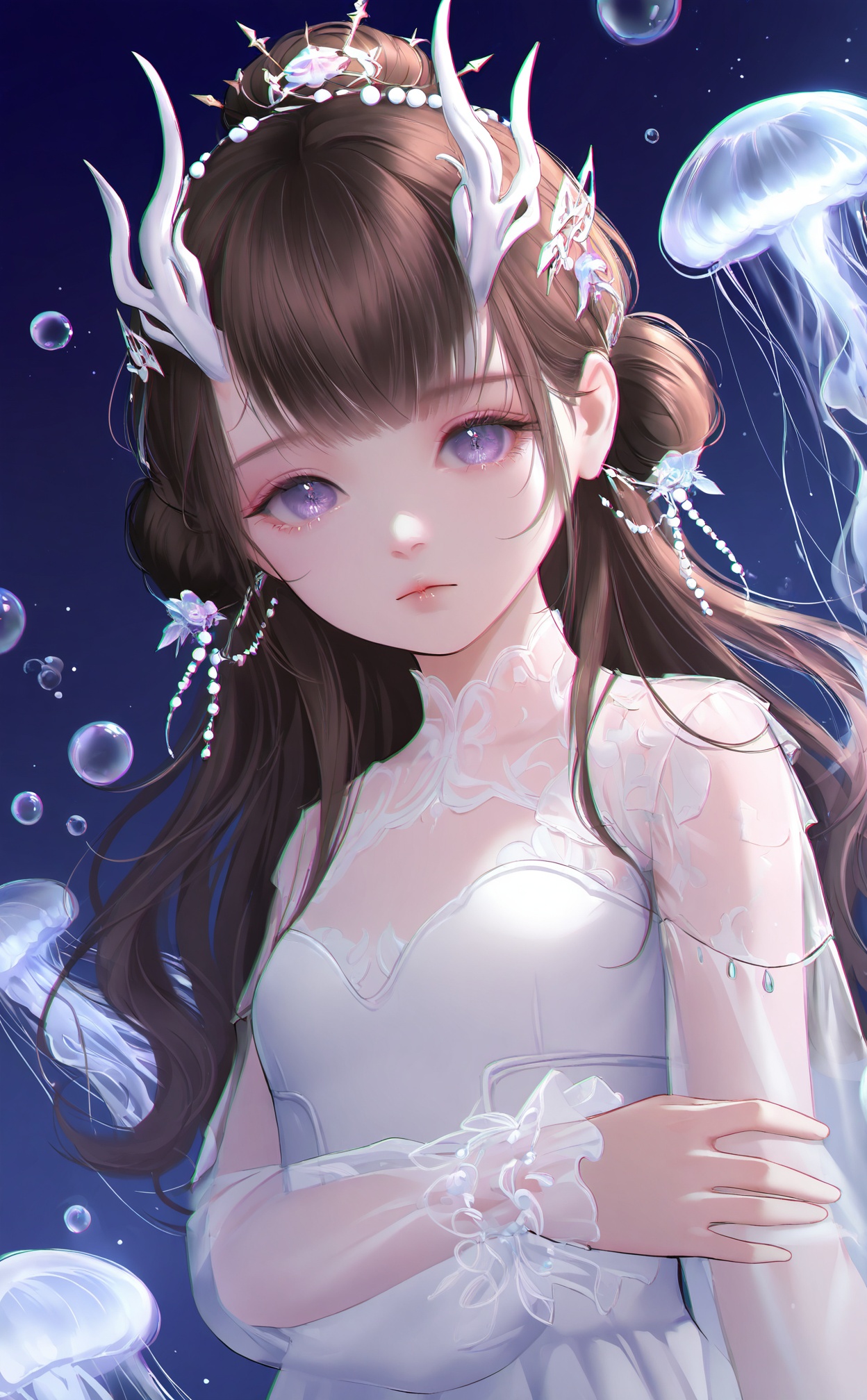 masterpiece,very aware,highres,absurdres,newest,best quality,loli,petite,high quality,chromatic_aberration,cinematic_angle,dutch angle,//,1girl,solo,upper body,hair ornament,brown hair,horns,dress,long hair,closed mouth,see-through sleeves,bubble,looking at viewer,jellyfish,white dress,expressionless,long sleeves,blue background,beads,purple eyes,hair bun,//,<lora:touxiang——【noob】hans:0.8>,