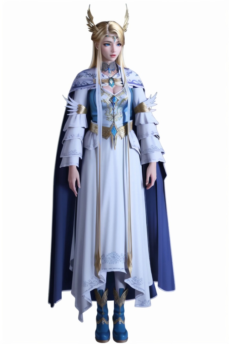 ((HRD, HUD, 8K)),((masterpiece, best quality)), highly detailed, soft light,1girl, solo, long hair, circlet, blonde hair, blue eyes, lips,jewelry, breasts, cleavage,dress, cape, boots,simple background, white background, full body, long legs, standing, looking at viewer,  <lora:20240408-1712537700209:0.73>