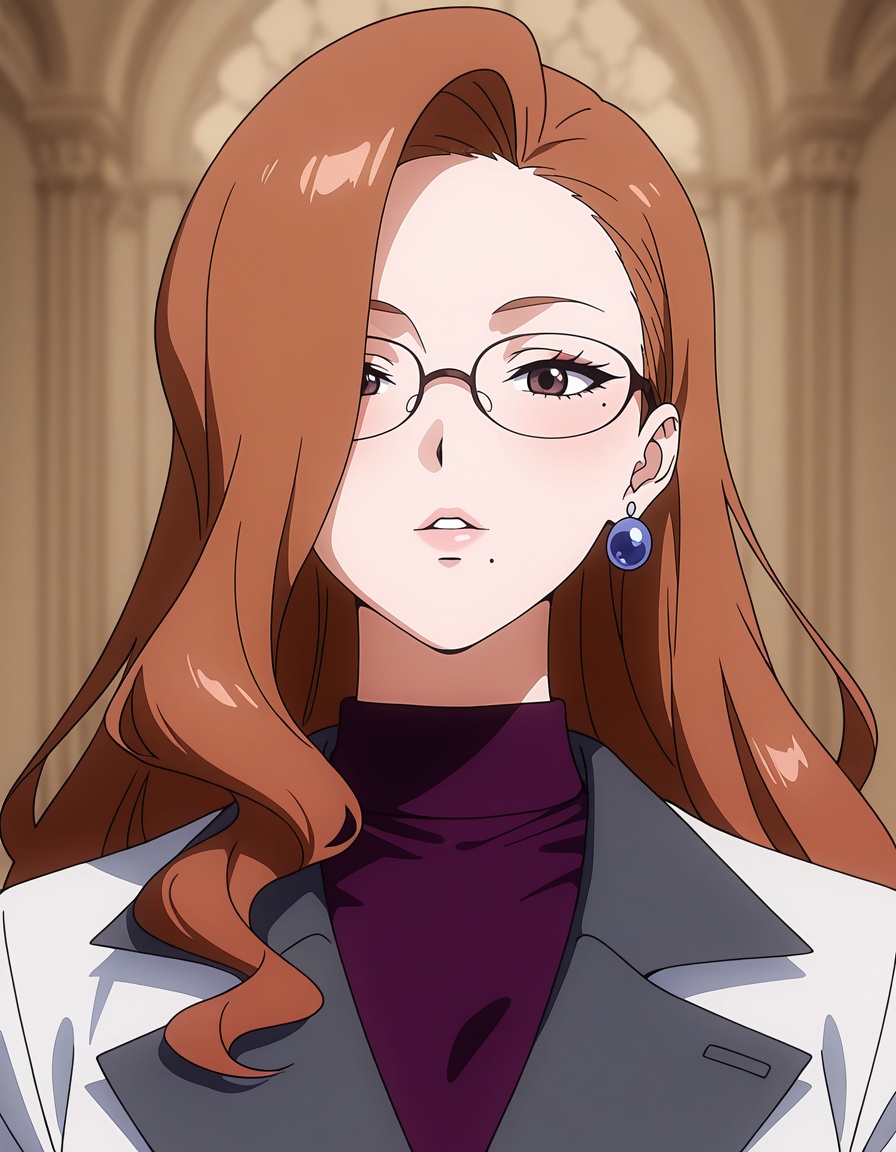masterpiece,best quality,amazing quality,very aesthetic,high resolution,ultra detailed,perfect details,<lora:mai_nntr:1>,mai_orangerntr,1girl,long_hair,brown_hair,jewelry,earrings,glasses,formal,suit,solo,looking_at_viewer,brown_eyes,parted_lips,mole,mole_under_eye,makeup,mole_under_mouth,