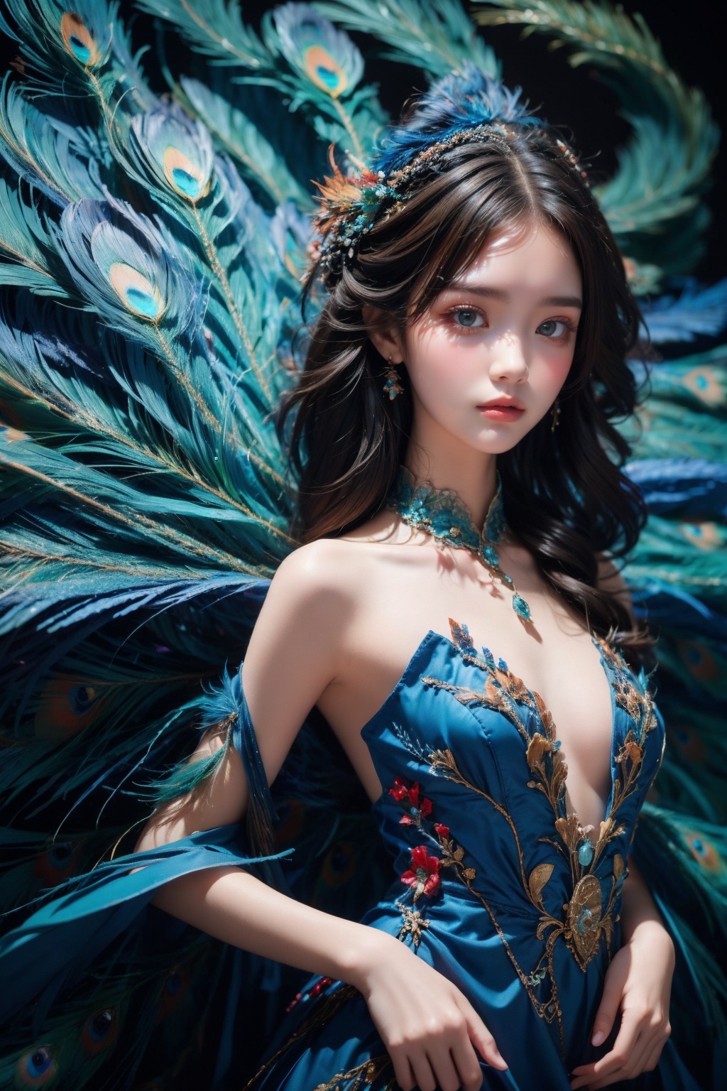 18 y.o girl,dress,peacock feather,<lora:Again_Style:0.8>,<lora:Again_Girl_A11:0.8>