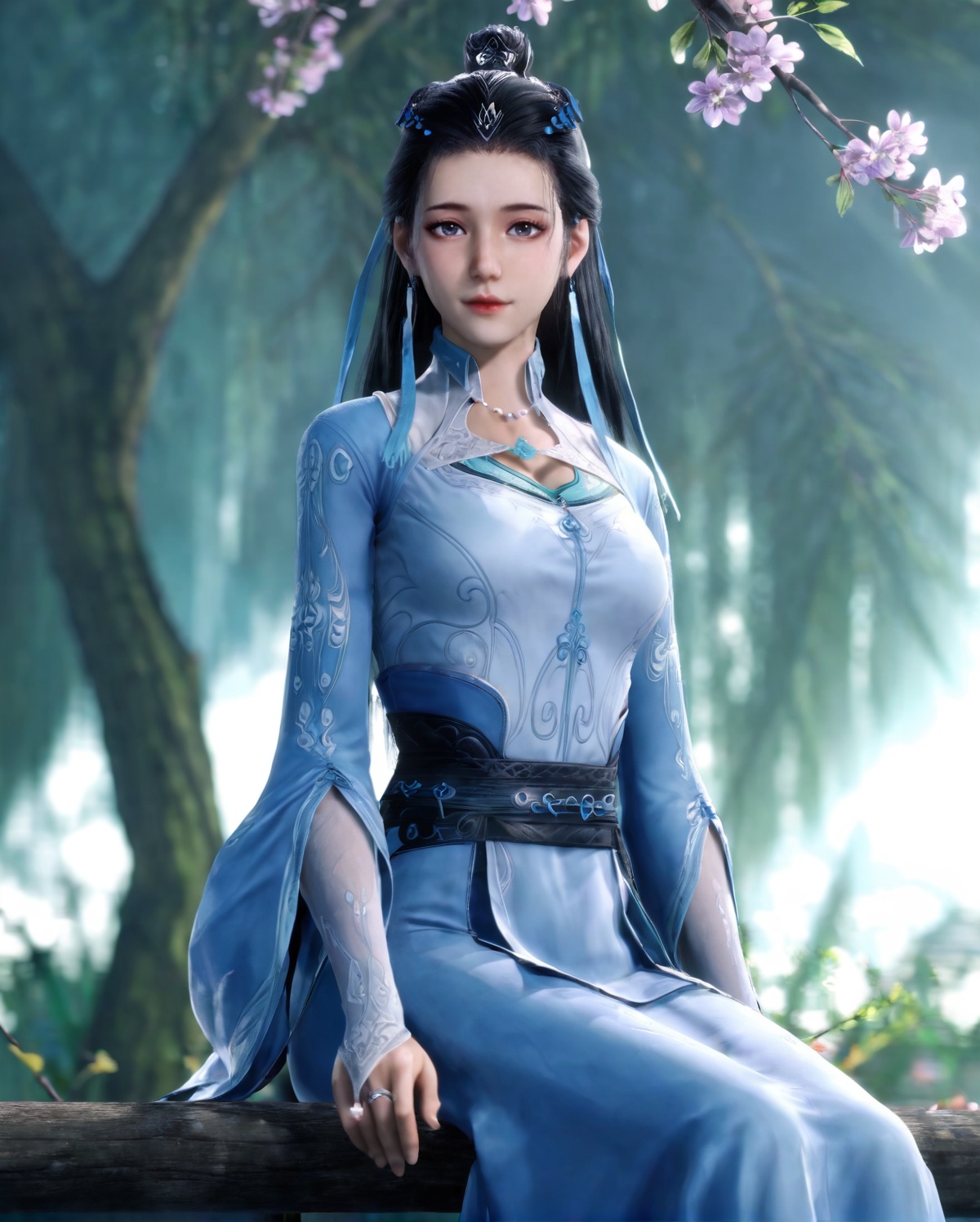 <lora:SF_WanJiangYu_Pony_Realism-000003:0.7>,1girl,solo,flower,dress,earrings,detached sleeves,hair ornament,jewelry,sitting,looking at viewer,branch,black hair,long hair,hair bun,blue dress,