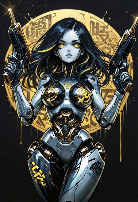 (masterpiece), (best quality), (ultra-detailed), amazing quality, very aesthetic, perfect composition, intricate details, absurdres, incredibly absurdres, clear skin, ultra-detailed-eyes, greatscore, pretty, dynamic angle, dynamic pose, mechabare, mechanical parts, solo, science fiction,sf, 1girl, cyborg, fighting stance, holding weapons, holding dual pistols, cyborg, dualies,mechanical arms, mechanical eyes, long hair, black hair with gold highlights, face focus western comics \(style\), , multiple-tonbackground , ,dynamic visul, limited palette theme, shadow outlines, matel color trim, ,two-tone colored , Mid shot, barcode tattoo,Black background, Japanese text, Japanese graffiti,
