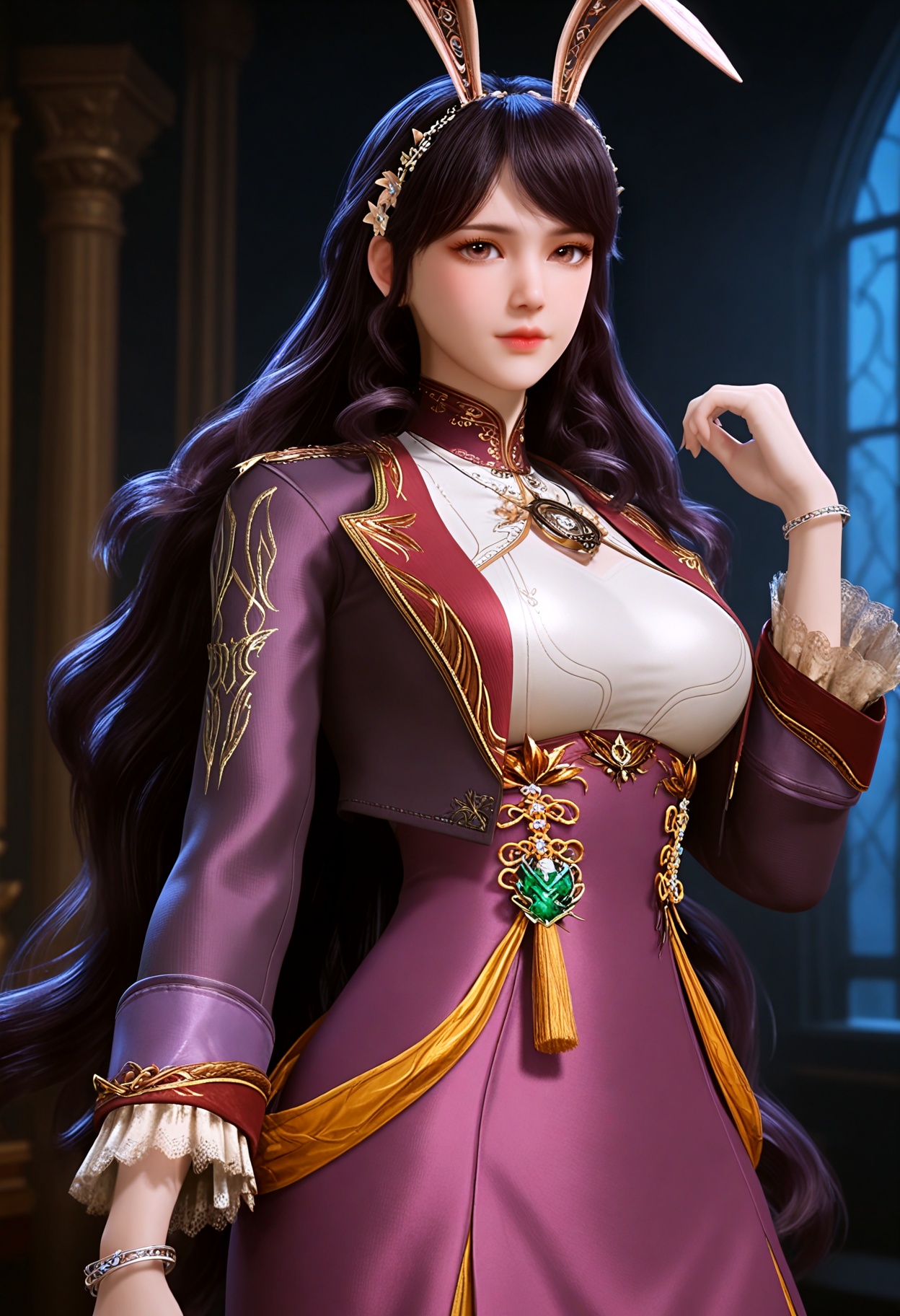 upper_body,(gigantic breasts:0.6),(slender:1.3),(looking_at_viewer:1.1),(masterpiece:1.1),(best quality:1.2),(intricate details),(smog:1.3),(Dark room:1.3),(dim lighting:1.3),<lora:YQ_Illustrious光辉v5_江楠楠_V1:0.8>,(q1528437228:1.3),solo,1girl,long_hair,black_hair,brown_eyes,realistic,brown_hair,hair_ornament,rabbit_ears,animal_ears,jewelry,flower,hair_flower,hairband,skirt,long_sleeves,fake_animal_ears,purple_skirt,tiara,very_long_hair,anklet,crown,necklace,pantyhose,thighhighs,gem,purple_dress,masterpiece,(best quality),(intricate details:0.9) BREAK (intricate details:0.9),(realistic skin:1.2),masterpiece,best quality,newest,absurdres,hiahres,