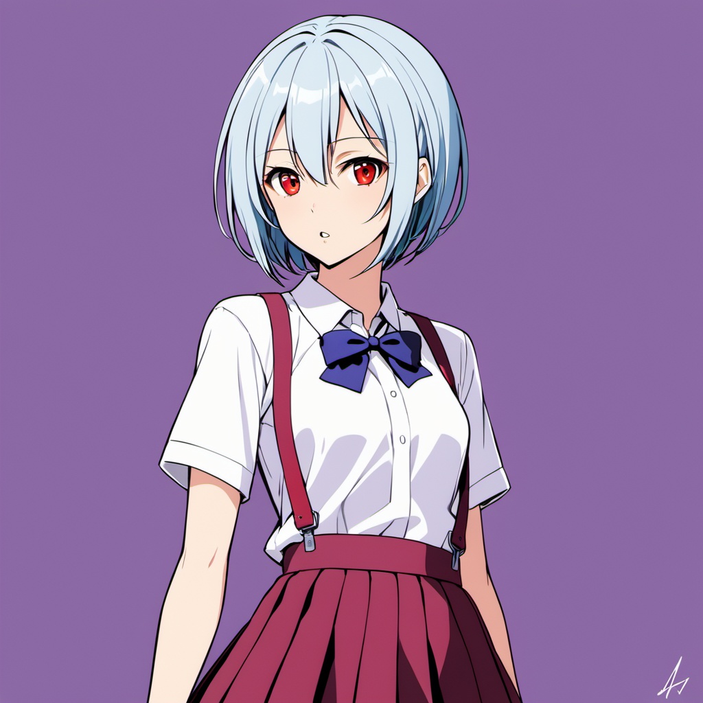 1girl, ayanami rei, solo, red eyes, short hair, school uniform, blue hair, tokyo-3 middle school uniform, signature, short sleeves, hair between eyes, suspender skirt, purple background, bangs, purple theme, shirt, cowboy shot, looking to the side, skirt, white shirt, looking at viewer, parted lips, suspenders, 