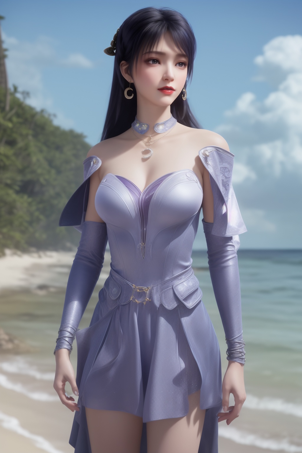 photo_\(medium\),(8k, RAW photo, best_quality),(masterpiece:1.2),(realistic:1.2),(photorealistic:1.3),(ultra-detailed),(extremely_detailed_cg_8k_wallpaper),(crystal_texture_skin:1.3),(shiny:1.2),(shiny_skin:1.4),(extremely_delicate_and_beautiful),shenfengYanRuYu,1girl,solo,dress,detached sleeves,torogao,bouncing breasts,standing,jewelry,hair ornament,earrings,red lips,necklace,realistic,looking at viewer,purple theme,summer,beach,sea,sunshine,<lora:shenfengJiZiYue_20240525170749-000003:0.7>,