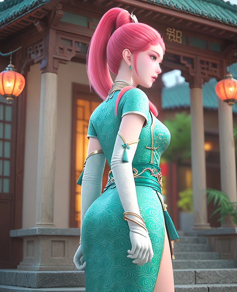 (oriental architecture, elegant decor, sophisticated style:1.1),(ass:1.1),(breasts:1.2),<lora:XL妖神记龙羽音:0.95>,miss longyuyin,green chinese clothes,jewelry,pink hair,ponytail,white gloves,elbow gloves,sash,makeup,green eyes,tassel,bracelet,right side slit,eyelashes,, score_9,score_8_up,score_7_up,score_6_up,score_5_up,score_4_up,3d rendering,tag1,tag2, Cinematic Lighting,backlighting,