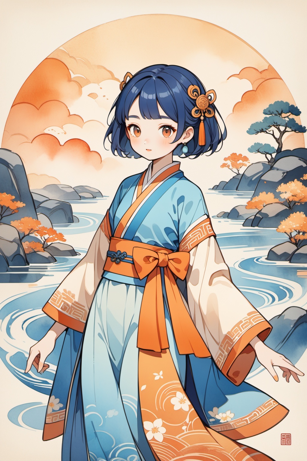 Traditional Chinese illustration,A cute girl with short hair in a Hanfu bows to the camera,flowing patterns,textured,blue and orange palette,traditional attire,serene,stylized natural elements,minimalist figure,digital art,vintage aesthetice,watercolor on paper,ancient fashion,cultural heritage,detailed makeup,serene expression,ornate accessories,vintage texture,, masterpiece,best quality,very aesthetic,absurdres,