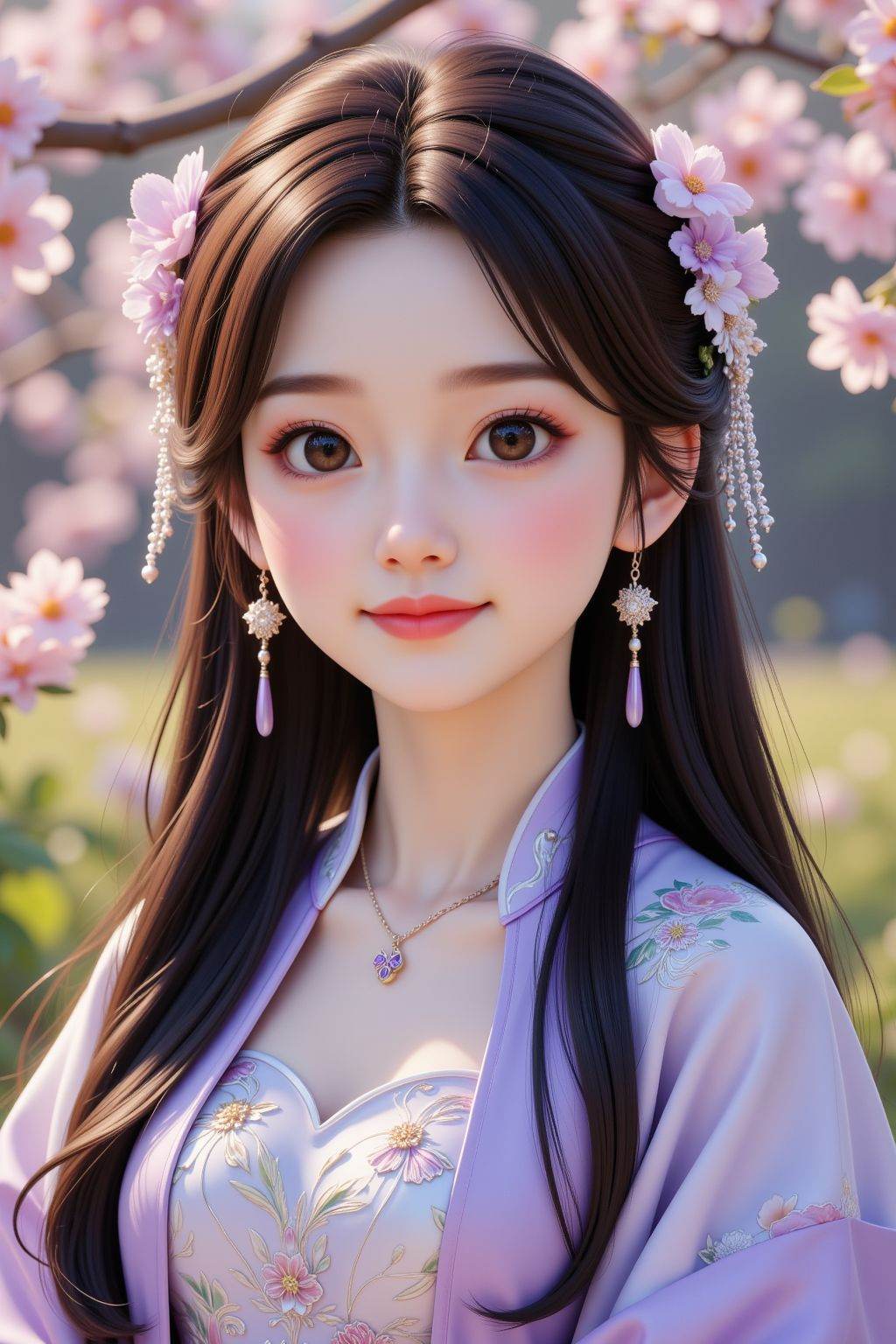 cinematic photo 1girl, teenage, jewelry, long hair, solo, smirk, closed mouth, black hair, brown eyes, looking at viewer, upper body, purple chinese clothes, outdoors, flowers