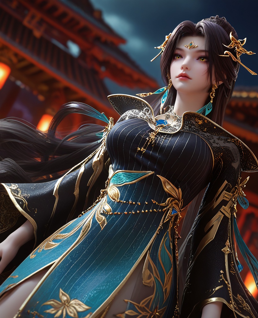 (oriental architecture, elegant decor, sophisticated style:1.1),(High-parched back torso:1.1),From below, looking straight up at the subject,(large breasts:1.2),<lora:XL16云深不知梦羲和第9集:0.95>,miss xihe,ombre gown,yellow eyes,forehead jewel,black hair,absurdly long hair,traditional chinese updo with long cascading hair,hair ornament,jewelry,earrings,wide sleeves,boots,eyeshadow,, score_9,score_8_up,score_7_up,score_6_up,score_5_up,score_4_up,3d rendering,tag1,tag2, Cinematic Lighting,backlighting,