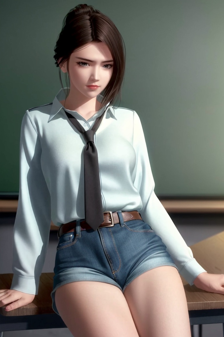 ((HRD, HUD, 8K)),((masterpiece, best quality)), highly detailed,1girl, solo, hair bun, brown hair, long hair, black hair, brown eyes, lips, (white shirt:1.2), necktie, denim shorts,blurry background, classroom, chalkboard, sitting, cowboy shot, looking at viewer, <lora:20240511-1715391469403:0.7>