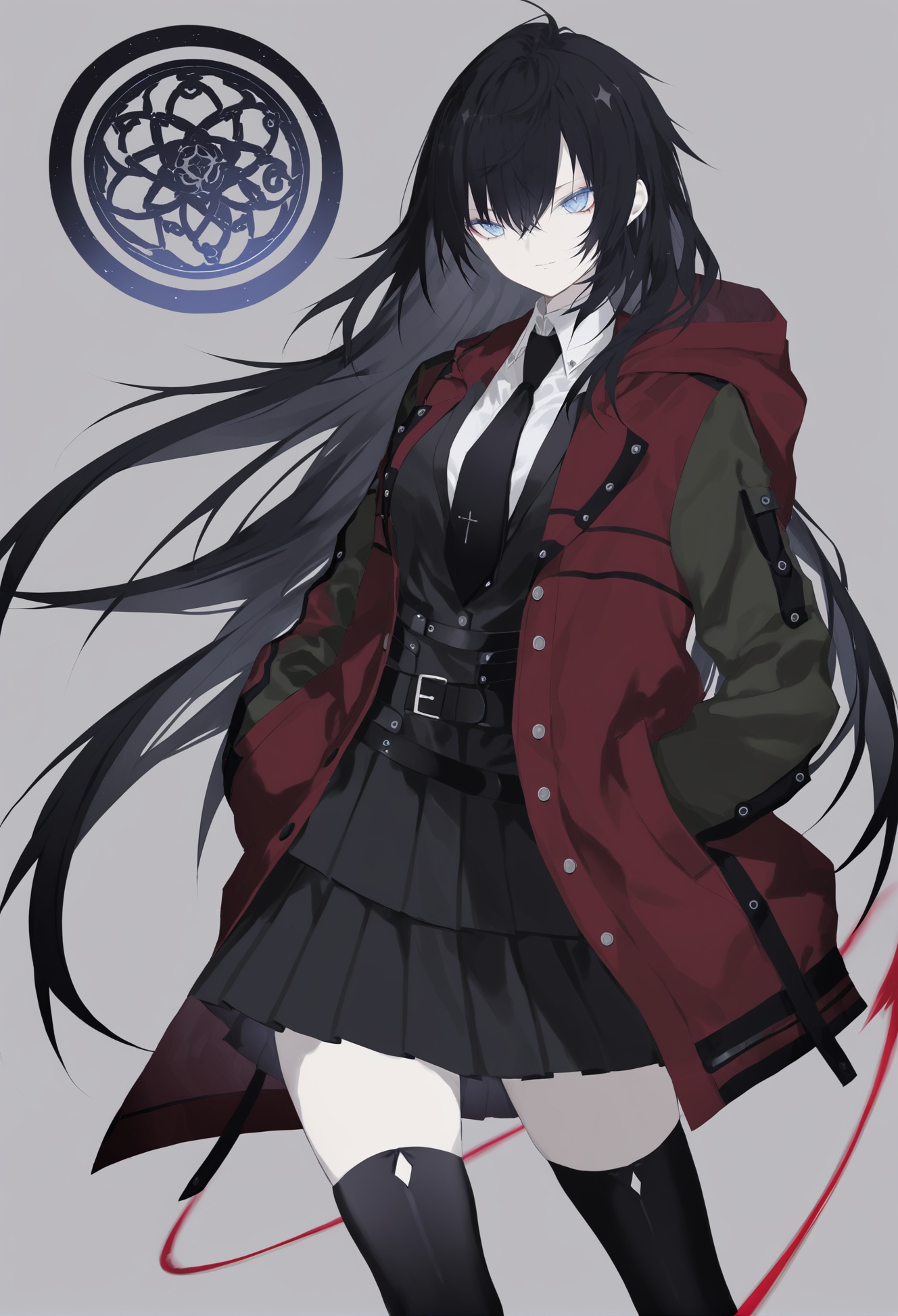 masterpiece, best quality,1girl,   F:\AIxunlianji\SWAV\10 SWAV, skirt, solo, gloves, black skirt, black hair, thighhighs, shirt, black gloves, pleated skirt, open clothes, white shirt, necktie, jacket, bangs, long sleeves, arm up, collared shirt, open jacket, hooded jacket, closed mouth, long hair, breasts, pouch, black necktie, green jacket, blue eyes, black jacket, magic circle, hood, coat, grey background, hood down, red coat, buttons, black thighhighs, wavy hair, multicolored jacket, multicolored clothes, hood up, hand in pocket, miniskirt, belt pouch, two-tone jacket, red footwear, floating hair <lora:kotrou020XLlokr8f-000180:0.95>