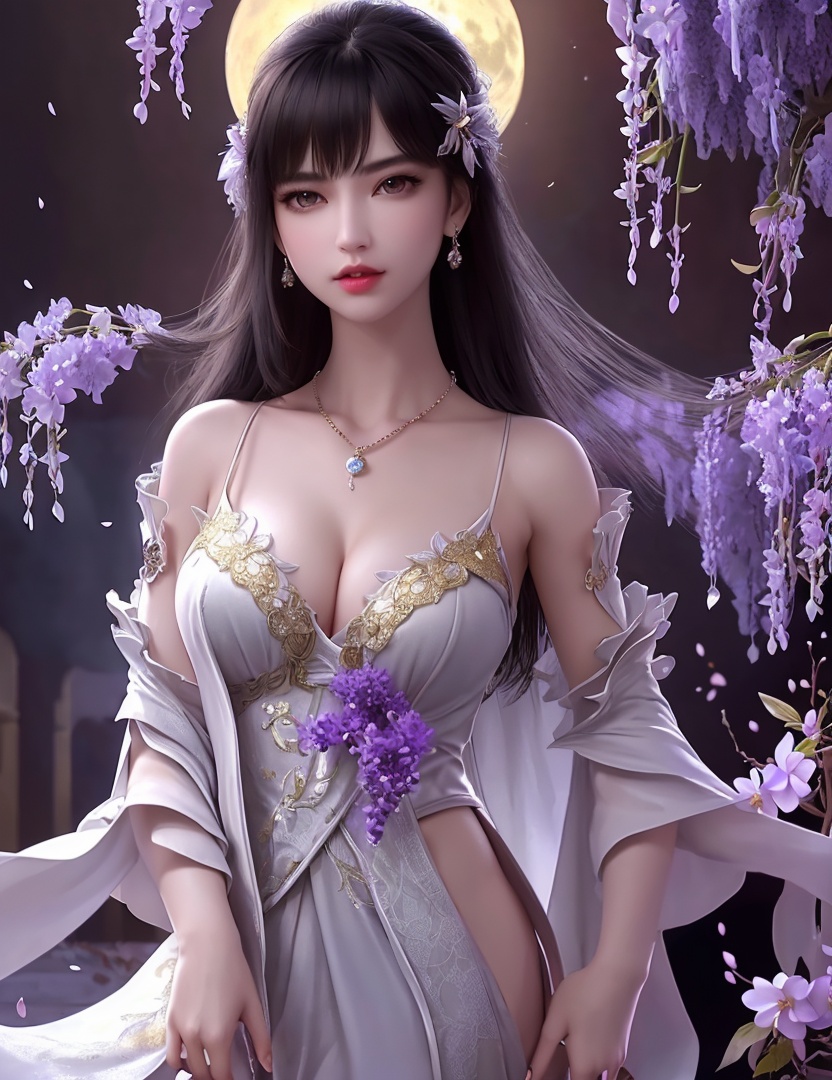 ultra realistic 8k cg, picture-perfect face, flawless, clean, masterpiece, professional artwork, famous artwork, cinematic lighting, cinematic bloom, perfect face, beautiful face, fantasy, dreamlike, unreal, science fiction,   lace, lace trim, lace-trimmed legwear,  (rich:1.4), prestige, luxury, jewelry, diamond, gold, pearl, gem, sapphire, ruby, emerald, intricate detail, delicate pattern, charming, alluring, seductive, erotic, enchanting, hair ornament, necklace, earrings, bracelet, armlet,halo((,1girl, pov,))(((1girl, jewelry, solo,breasts, looking_at_viewer,  outdoors,  full moon,  upper body, wisteria, chloris garden,  cherry blossoms, )))    <lora:DA_YueChanTeen:0.6>