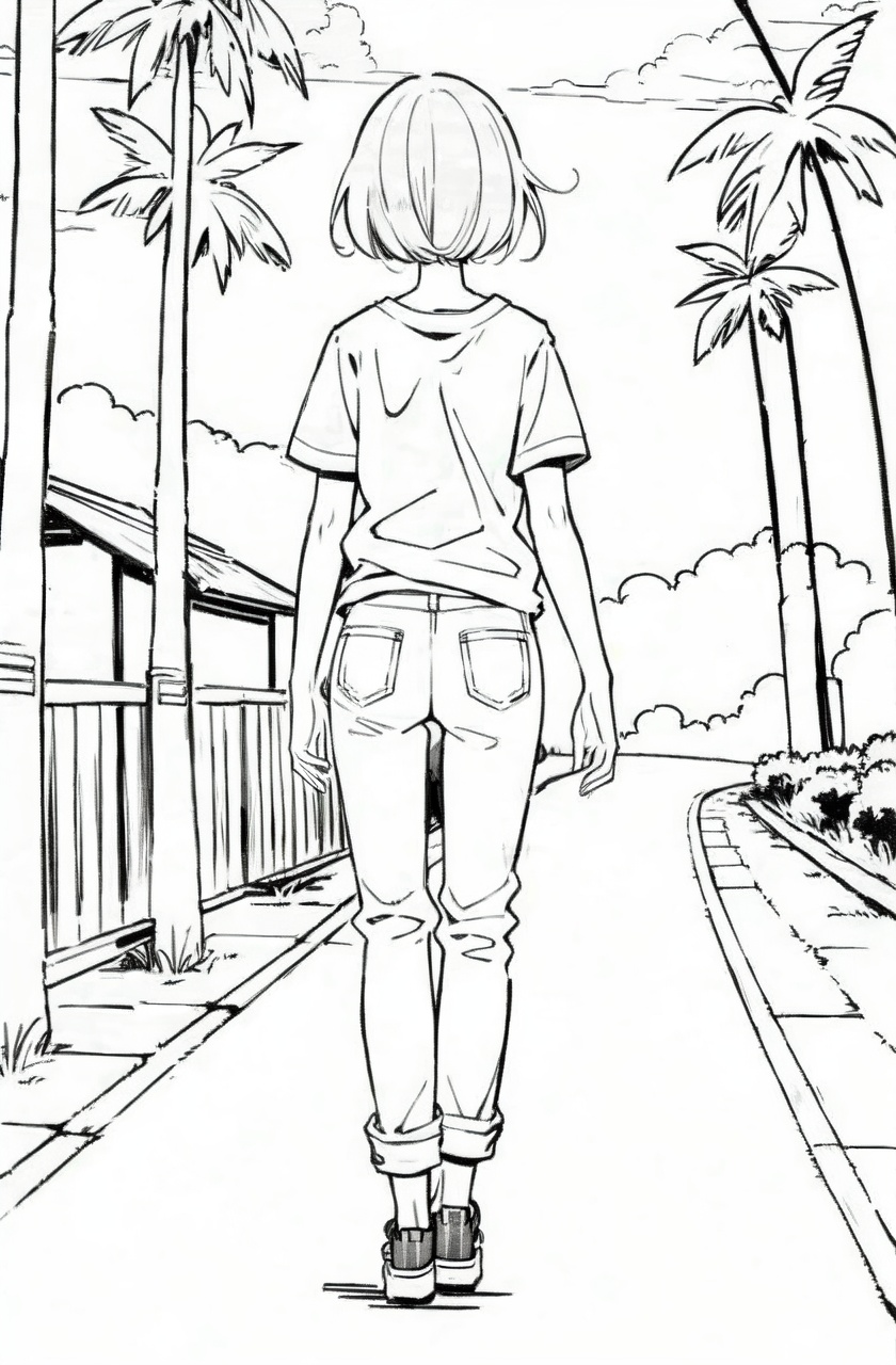 masterpiece,best quality,high quality,highres,1girl,lineart,palm tree,path,jeans,ass,t-shirt,walking,from behind,monochrome,short hair,cloud,full body,