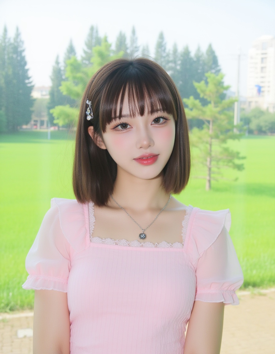 a young Asian girl stands in front of a window. She is dressed in a light pink,short-sleeved blouse with a lace trim around the neckline and shoulders. She's wearing a silver necklace with a circular pendant,adding a touch of charm to her outfit. The girl's eyes are a deep brown,her hair is a dark brown,and her lips are a lighter pink. The backdrop of the scene is a lush green grassy field,with tall trees and buildings in the distance. The sky is a pale blue,and the sun is shining through the window.,
