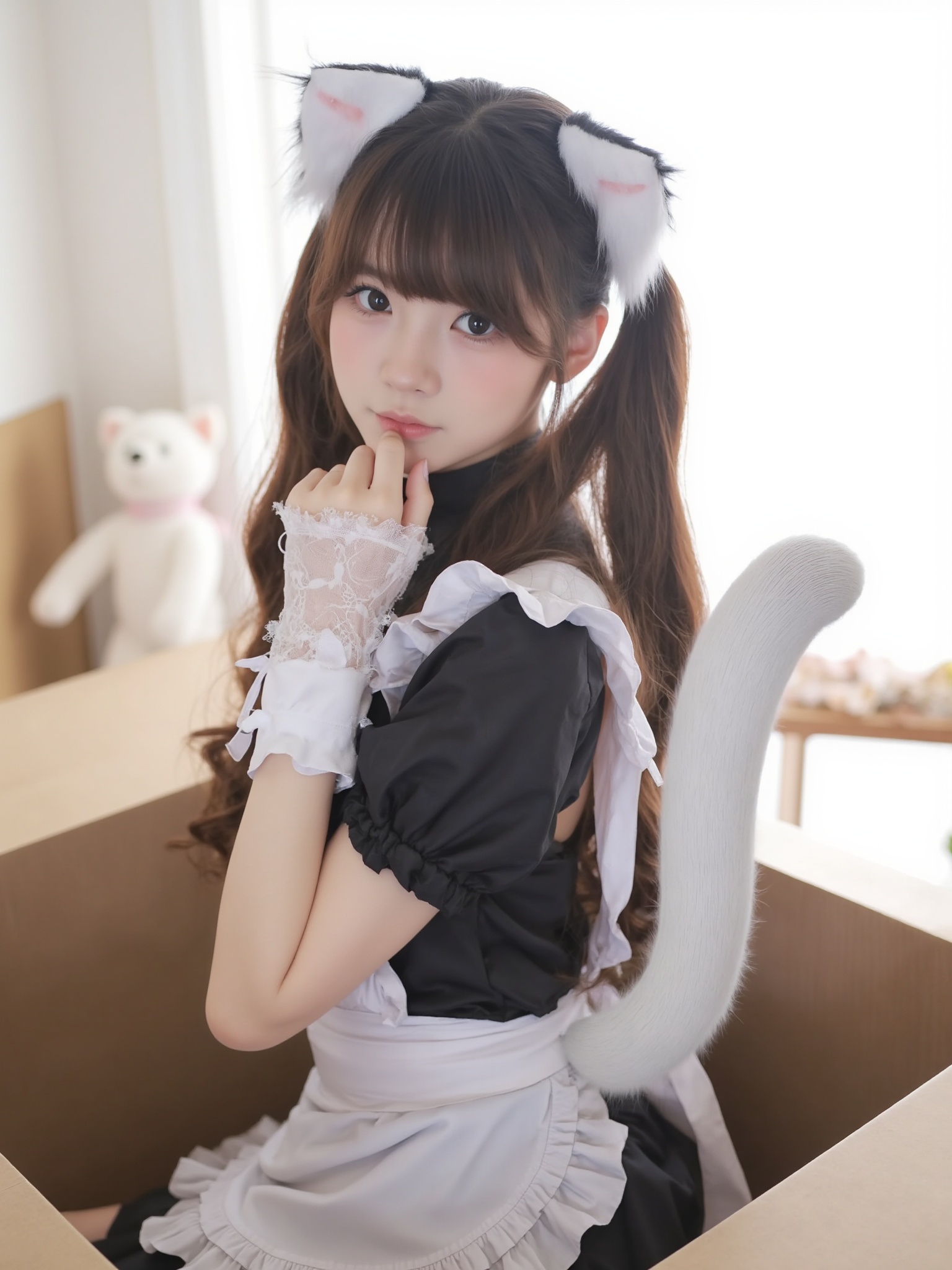 This is a high-resolution photograph of a young Asian woman in a cosplay costume ,The woman is seated in a cardboard box, facing the camera with a shy and demure expression. She has long, wavy brown hair, which is styled in pigtails with white cat ears attached to her headband. Her eyes are large and expressive, framed by bangs, and she has a soft, fair complexion with rosy cheeks. She is dressed in a black and white maid outfit with a low-cut bodice, short puffed sleeves, and a frilly white apron tied around her waist. Her outfit is completed with white lace gloves and a white choker. A fluffy white tail, similar to a cat's, is attached to her costume, adding a playful touch. The background is softly lit, with a white cat plush toy visible in the corner, and the setting appears to be a minimalist, sunlit room with light streaming through a window, creating a warm and inviting atmosphere. The overall aesthetic is cute and whimsical, capturing the essence of the character she is portraying.,<lora:YY-超女-女仆装F.1:1>,