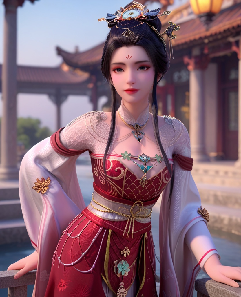 (oriental architecture, elegant decor, sophisticated style:1.1),(Hands on the waist, looking cheerful:1.1),(breasts:1.2),<lora:XL暗河传医者白鹤淮:0.95>,miss baihehuai,chinese clothes,detached collar,red corset,red overskirt,hair bun,black hair,hair ornament,hanging hair,forehead mark,black eyes,shoulder mesh,jewelry,floral print,, score_9,score_8_up,score_7_up,score_6_up,score_5_up,score_4_up,3d rendering,tag1,tag2, Cinematic Lighting,backlighting,