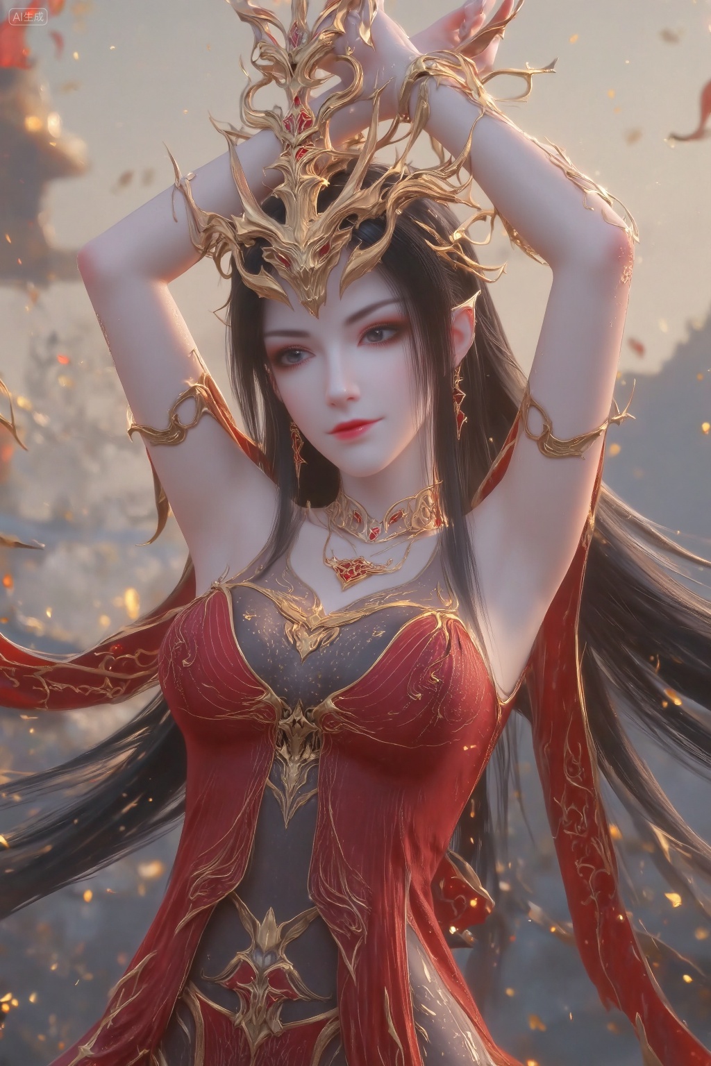 A digital artwork of a stunning,slender woman with pale skin and long black hair,wearing an ornate red and gold dress with a high slit,black stockings,and gold heels. She has an ethereal,regal appearance with a crown-like headpiece.,, She stands upright with her arms raised above her head,hands clasped together. Her elbows are slightly bent,and her shoulders are relaxed. This pose elongates her neck and highlights the elegance of her attire.,, Negative prompt: ng_deepnegative_v1_75t,(badhandv4:1.2),EasyNegative,(worst quality:2),,nsfw, Steps: 30, Sampler: DPM++ 2M, CFG scale: 3.5, Seed: 2034485435, Size: 1024x1536, Model hash: 062dad72b2, Model: 麦橘超然majicFlus_v1.safetensors, Denoising strength: 0, RNG: CPU, Lora 1: 20250821-1755788133194-0008, Lora Hash 1: 9c2d1aedc9, Lora Weight 1: 1.0, Lora 2: 《金芒逸凤》唯美古风主题风格化lora|摄影|海报设计, Lora Hash 2: 779d600c15, Lora Weight 2: 0.8, Controlnet 0: "preprocessor: dw_openpose_full, model: InstantX-FLUX.1-dev-Controlnet-Union-Pro-2.0, weight: 0.8, starting/ending: (0.0, 0.7), resize mode: Crop and Resize, pixel_perfect: False, control mode: Balanced, preprocessor params: (512, None, None)", vae_name: automatic
