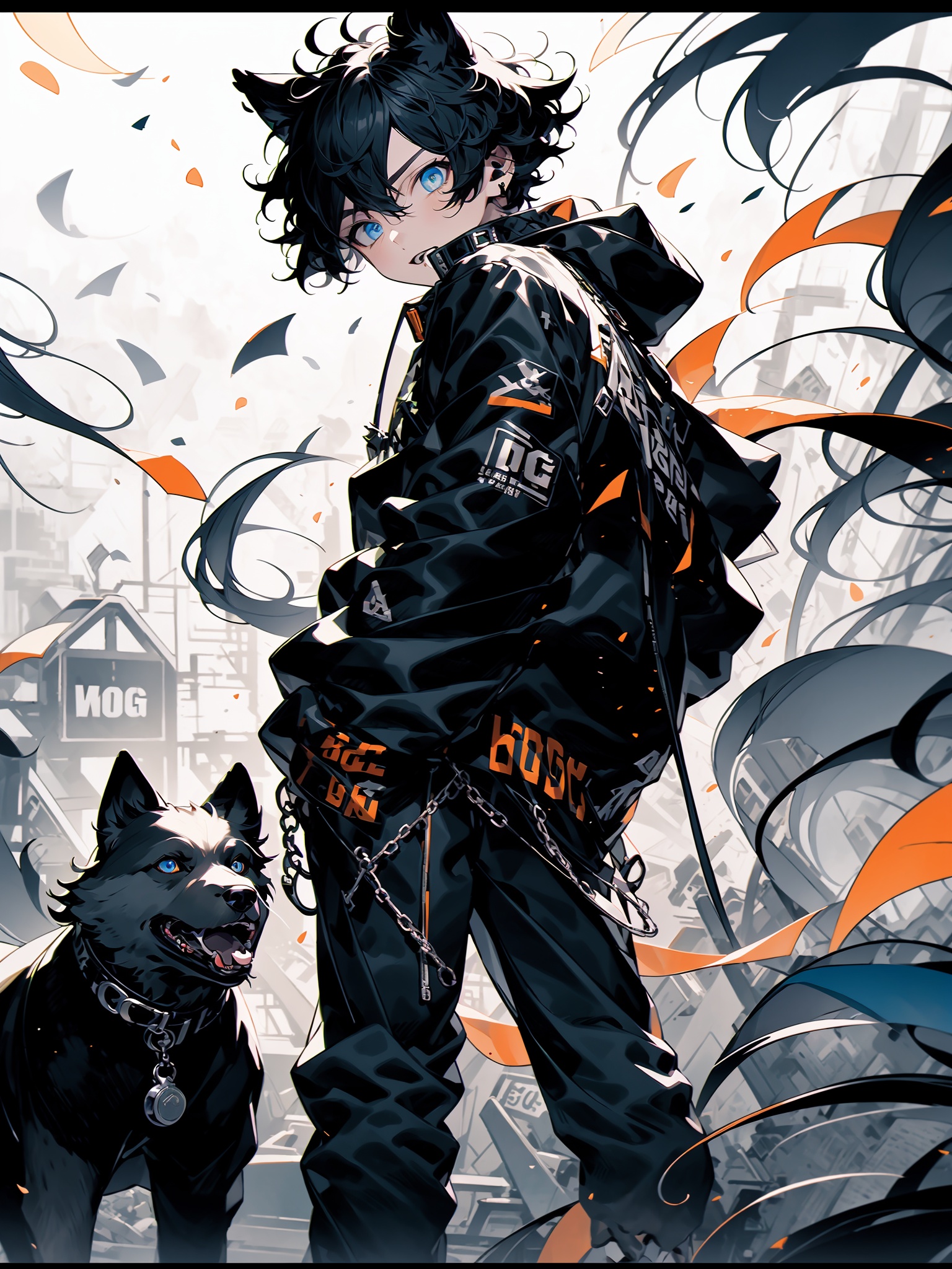 HTTP, 1boy, black hair, male focus, jacket, blue eyes, animal ears,  black jacket, dog, shirt, looking at viewer, pants, wolf, long sleeves, dog ears, standing, short hair, solo, necklace<lora:HTTP_20231206170112-000012:1>